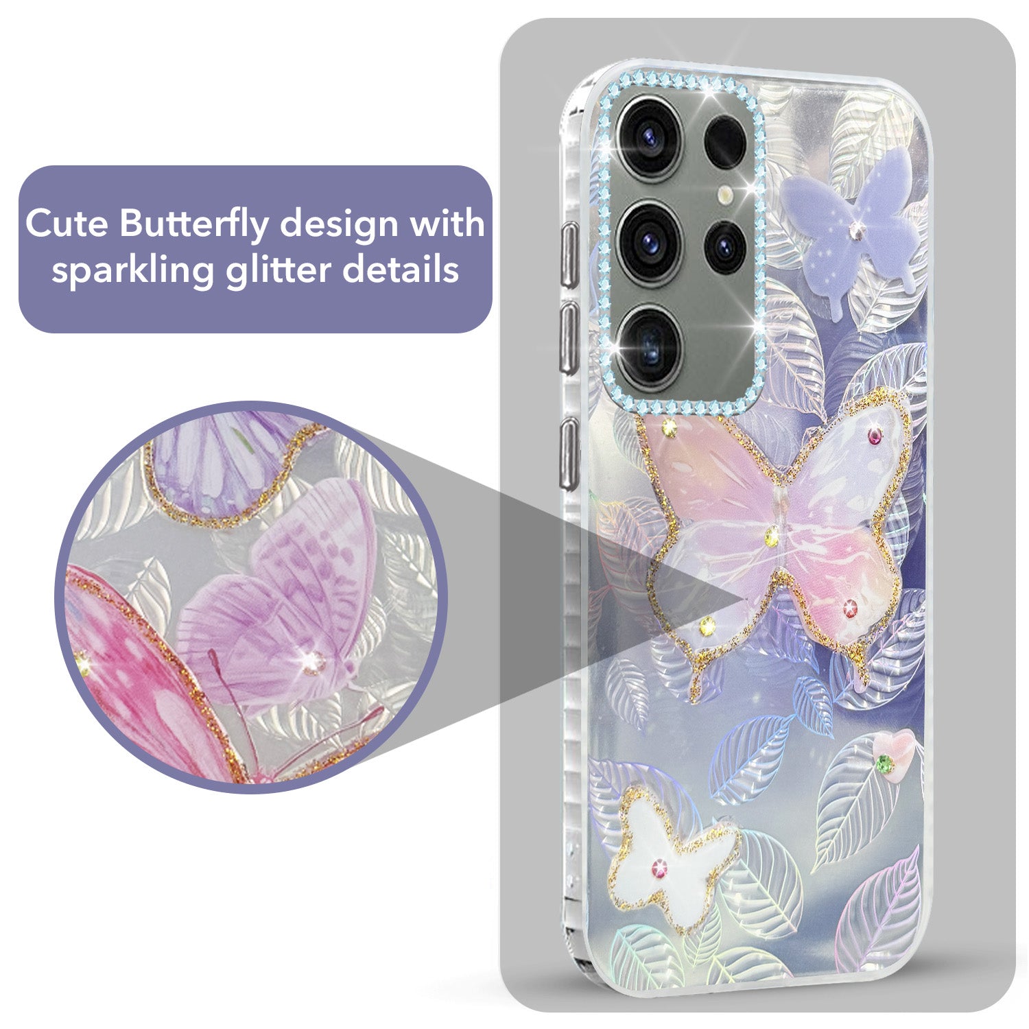 For Samsung Galaxy S23 Ultra Back Cover Case (Luxury Floral Glitter Cute Butterfly | Diamond Studded Camera Bump | Girls & Women Design)
