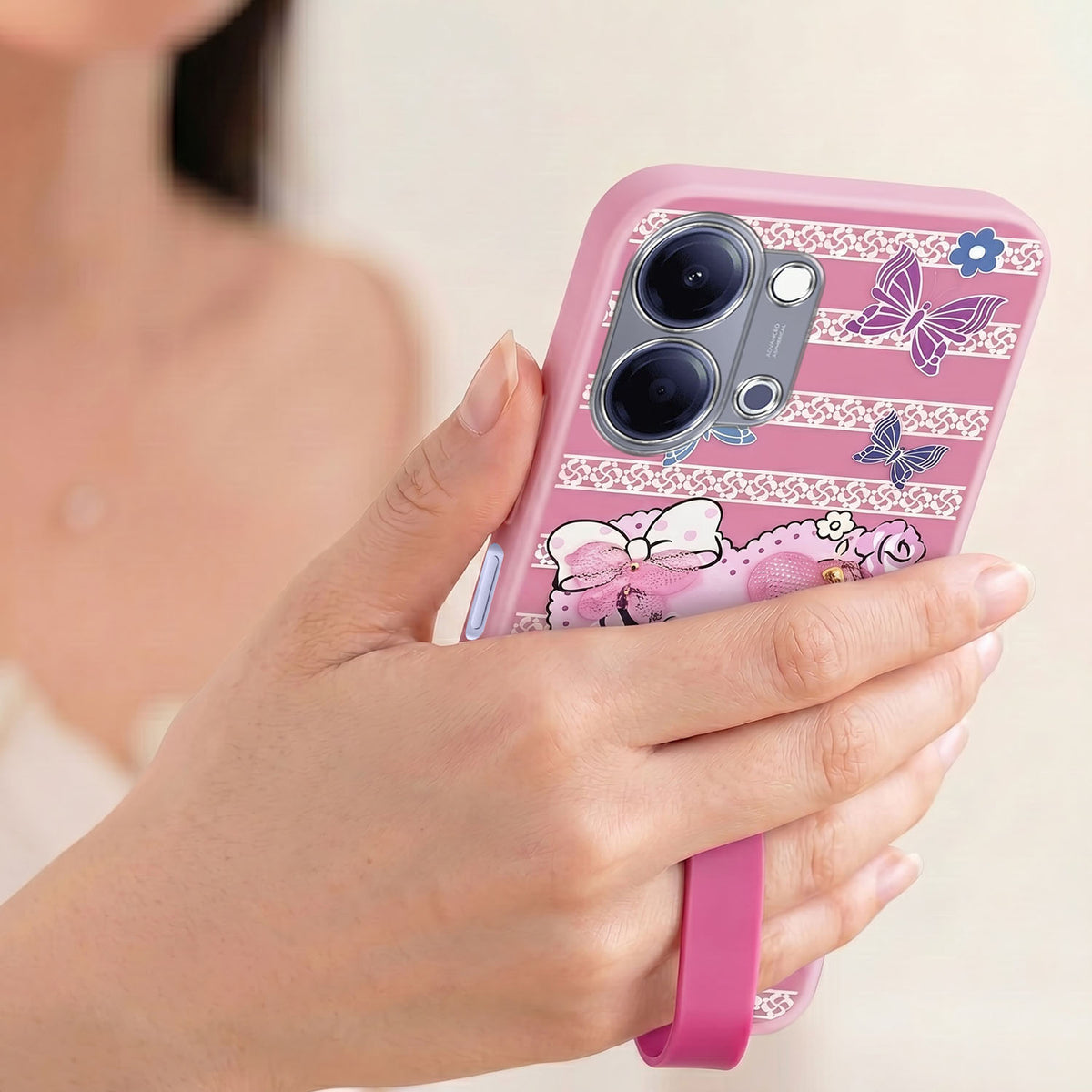 For Vivo Y05 (4G) | Vivo T5 Lite (5G) Back Cover Case (3D Cute Heart Strap Holder | Camera Protection | Designer Girls Print)