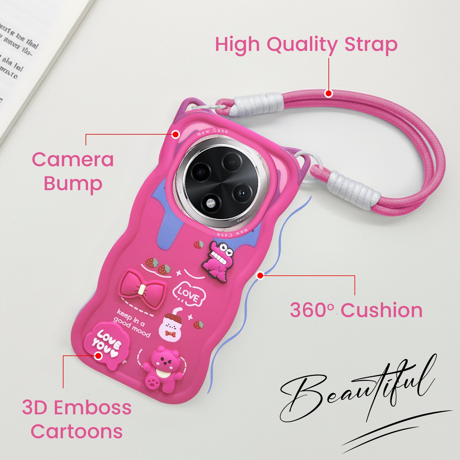 For Oppo F27 Pro | Oppo F27 Pro Plus Back Case Cover Strap (3D embossed Figures | Strap Holder | 360* Soft Cushion with Camera Bump)