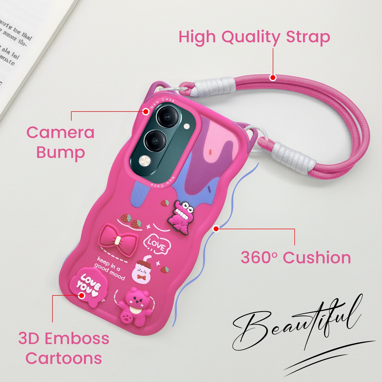 For Vivo Y19 | Vivo Y19e | Vivo T4 Lite Back Case Cover Strap (3D Embossed Figures | Strap Holder | 360* Soft Cushion with Camera Bump)