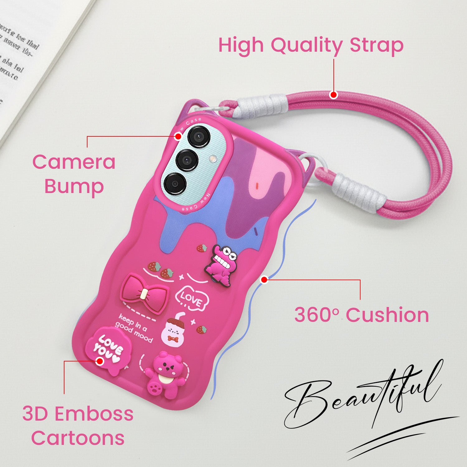 For Samsung Galaxy M15 5G Back Case Cover Strap (3D embossed Figures | Strap Holder | 360* Soft Cushion with Camera Bump)