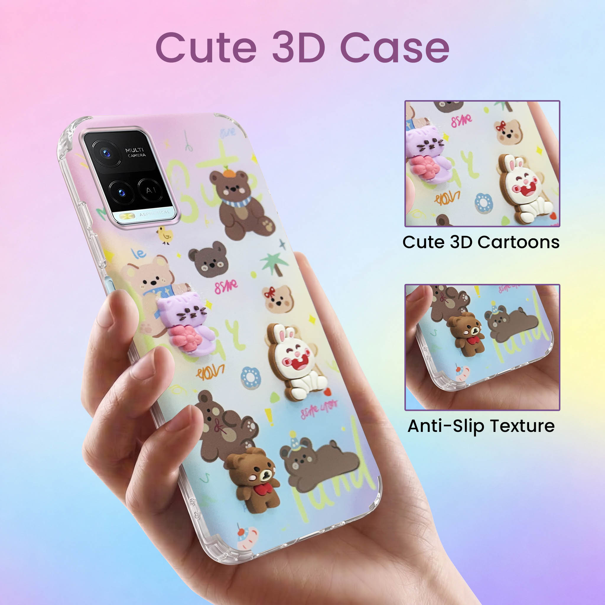 For Vivo Y21e | Vivo Y21A | Vivo Y32 Back Cover Case (3D Cute Cartoons | Hard Back Side Soft | Matte Premium Finish | HD Printing)