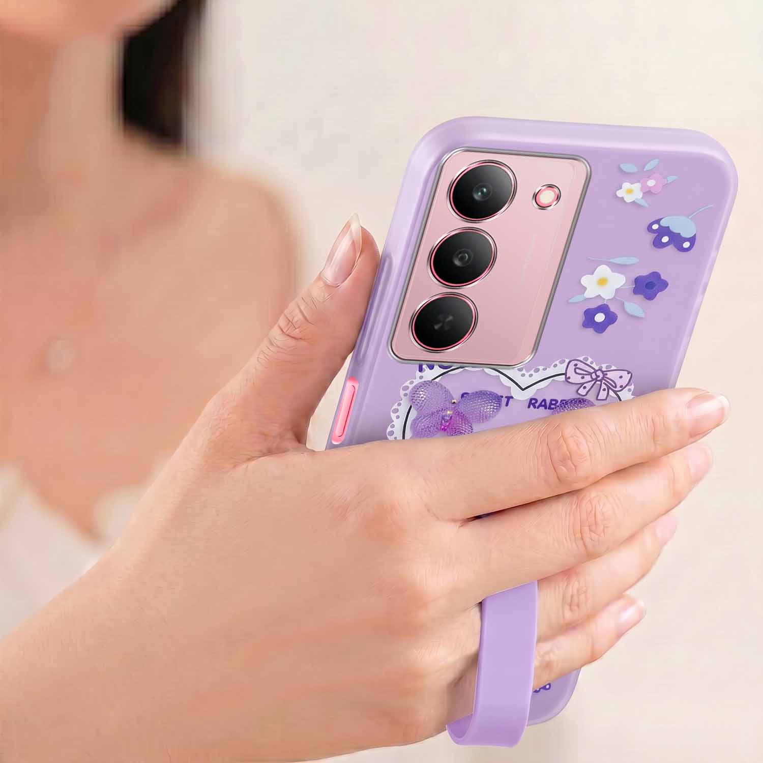 For Realme 14X Back Cover Case (3D Cute Heart Strap Holder | Camera Protection | Designer Girls Print)
