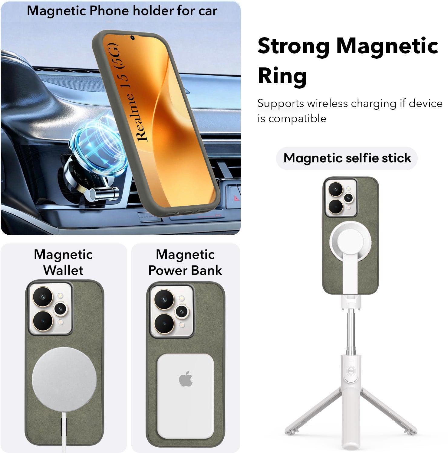 For Realme 15 Back Cover Case Leather Finish (MagSafe Compatible Wireless Charging | Soft Touch | Camera Bump Protection)