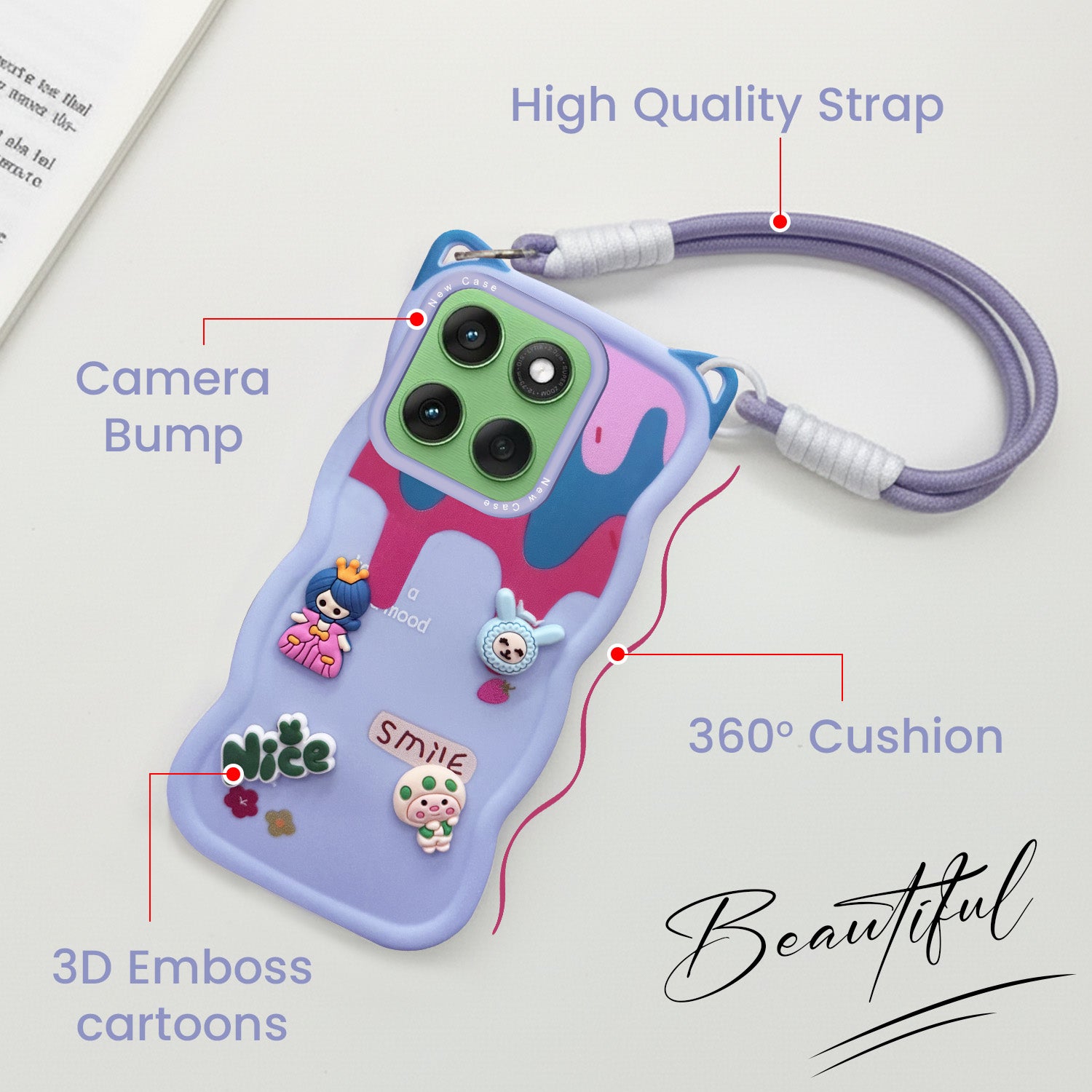 For Motorola Moto Edge 60 Back Case Cover Strap (3D embossed Figures | Strap Holder | 360* Soft Cushion with Camera Bump)