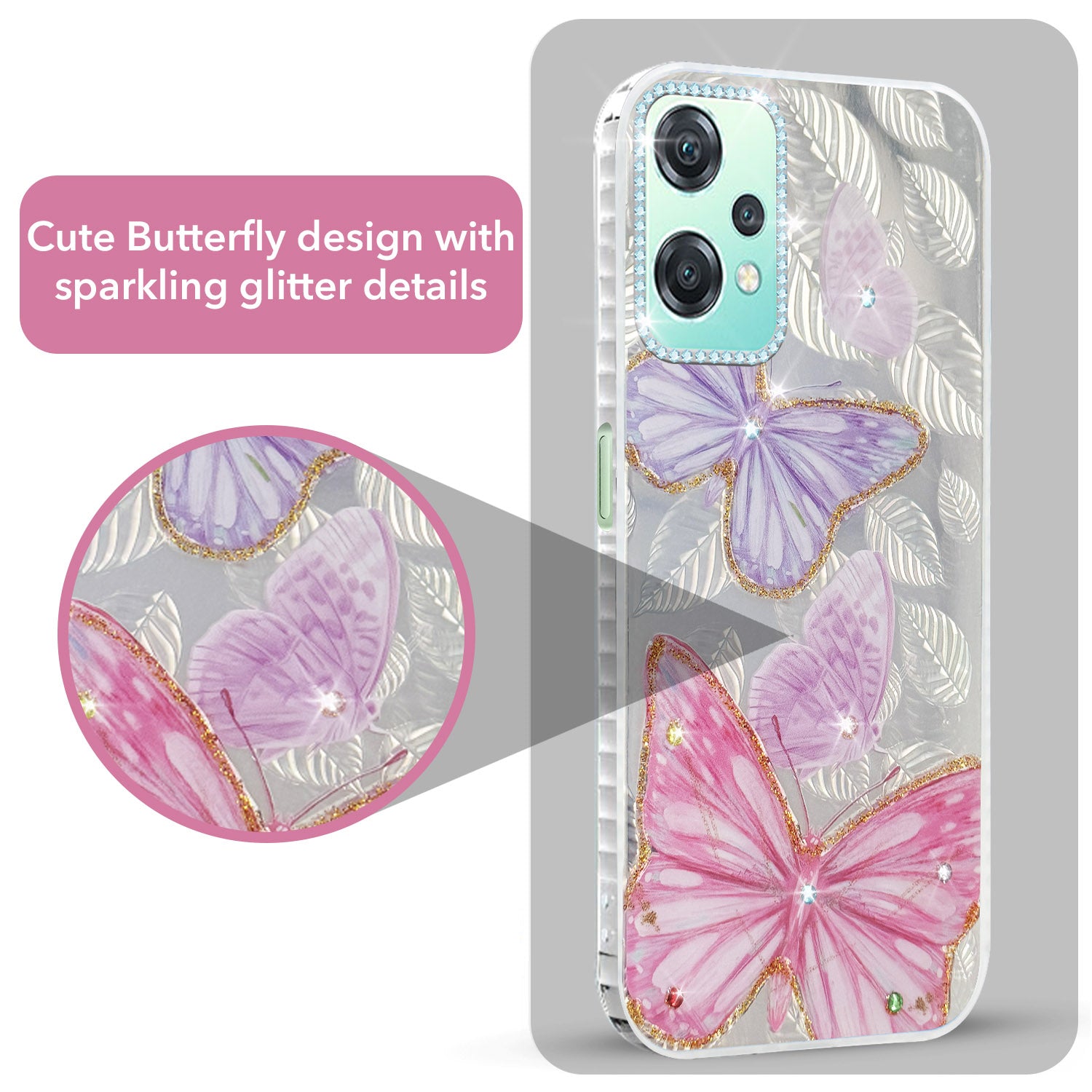 For OnePlus Nord CE 2 Lite Back Cover Case (Luxury Floral Glitter Cute Butterfly | Diamond Studded Camera Bump | Girls & Women Design)