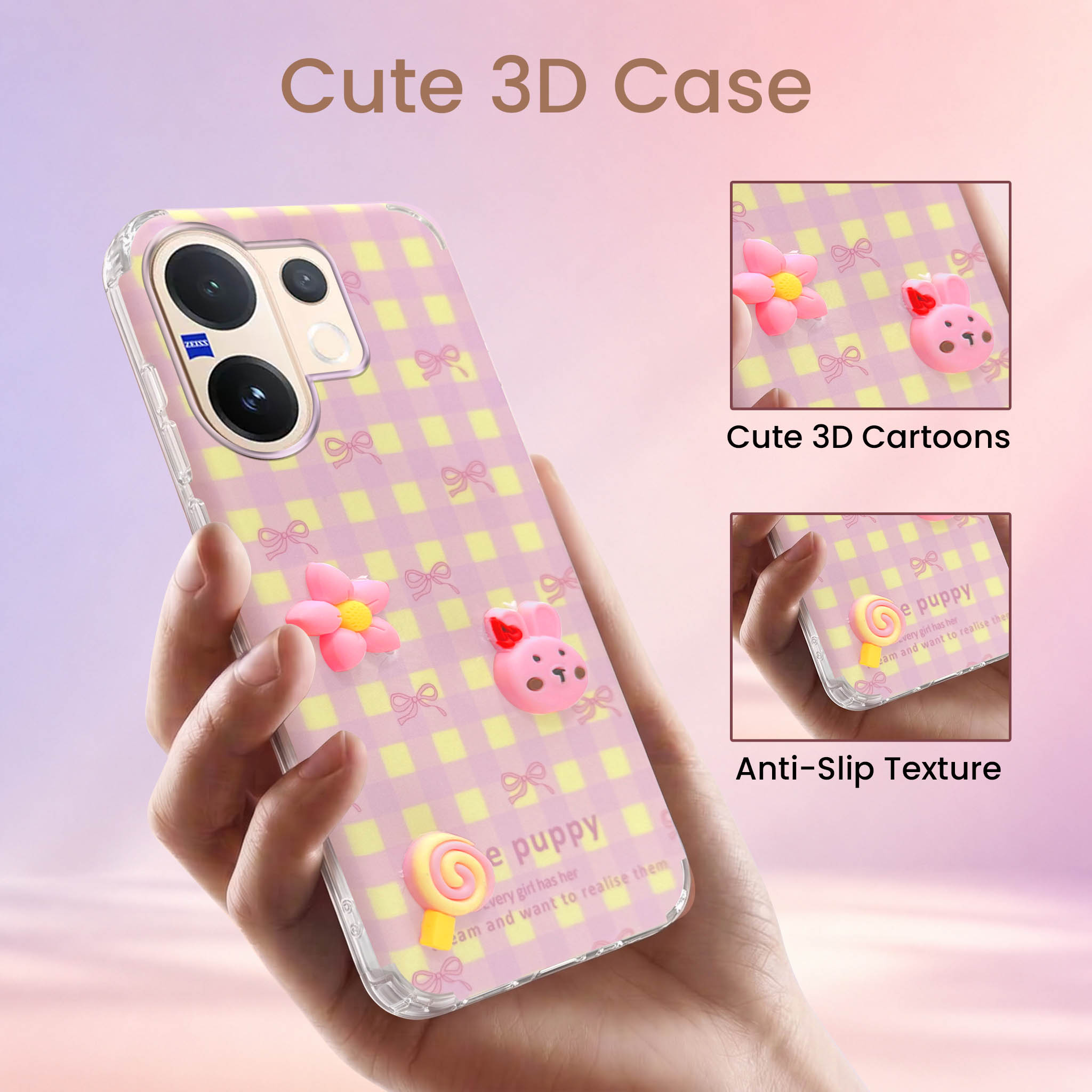 For Vivo V60 | Vivo T4 Pro Back Cover Case (3D Cute Cartoons | Hard Back Side Soft | Matte Premium Finish | HD Printing)