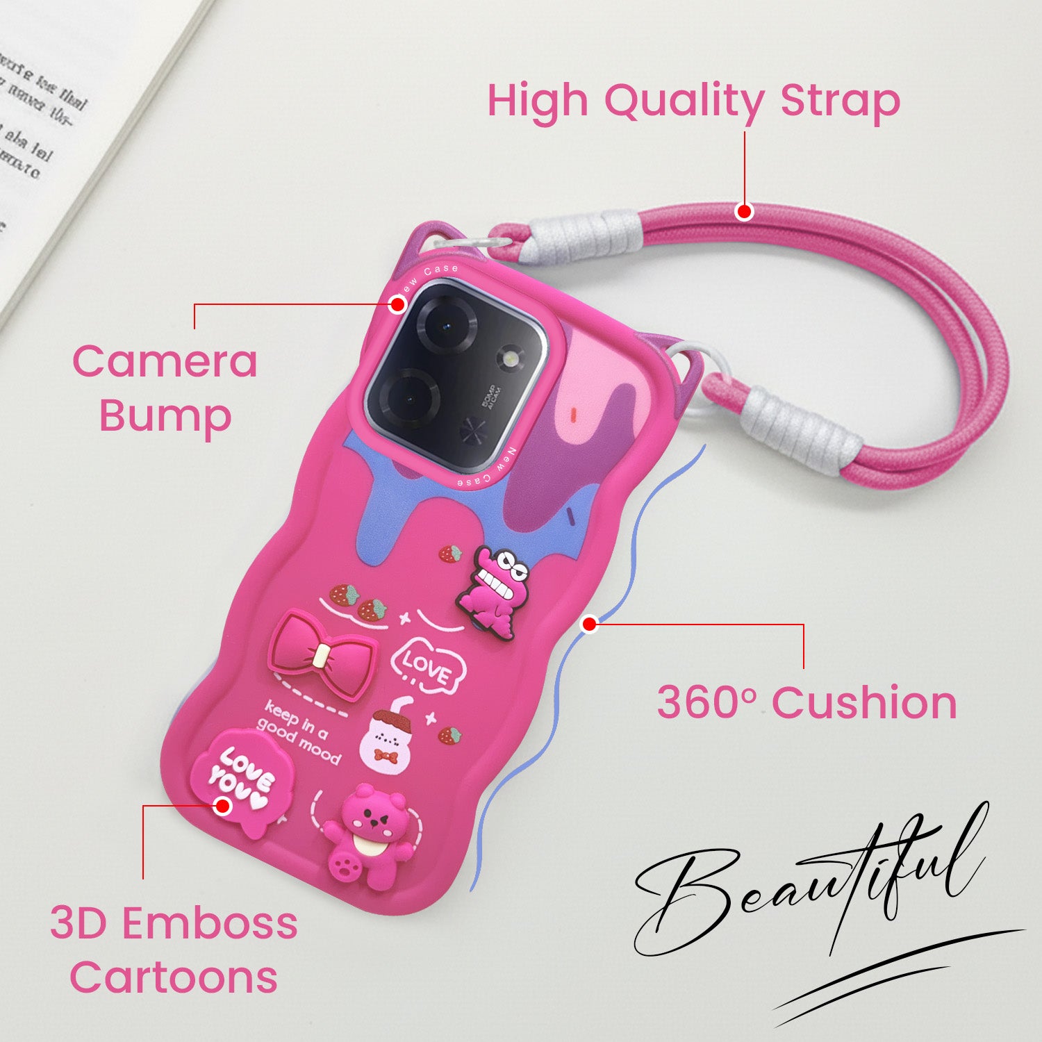 For Poco C85 5G Back Case Cover Strap (3D Embossed Figures | Strap Holder | 360* Soft Cushion with Camera Bump)