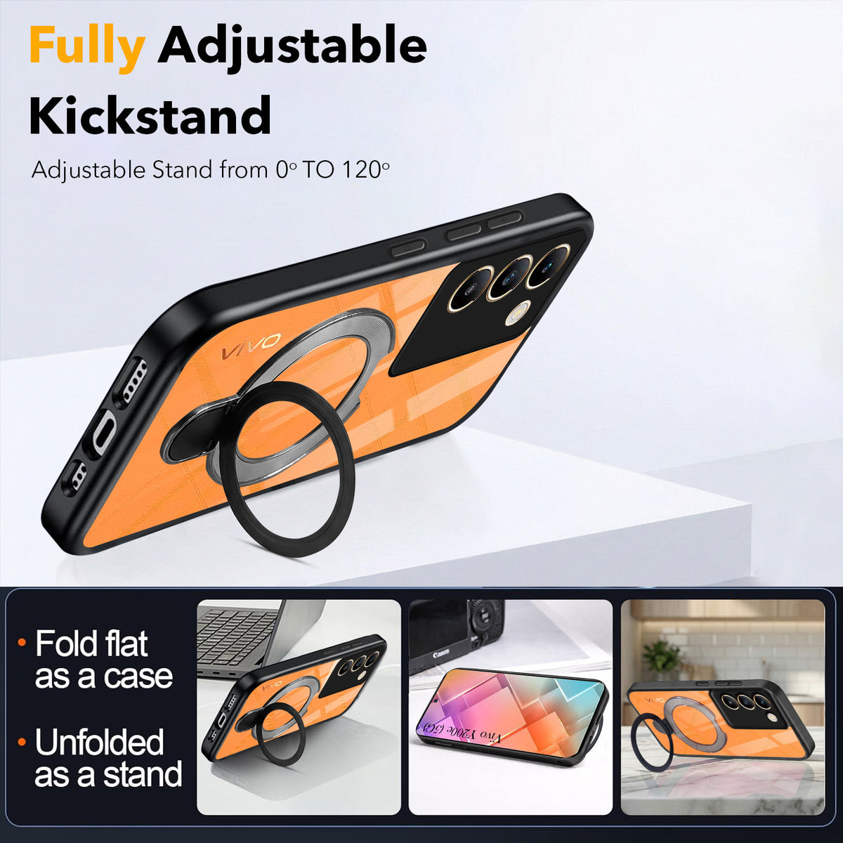 For Vivo Y200e Back Cover Case (Kick Stand Ring Holder | Life time Anti Yellow | Camera Protection)