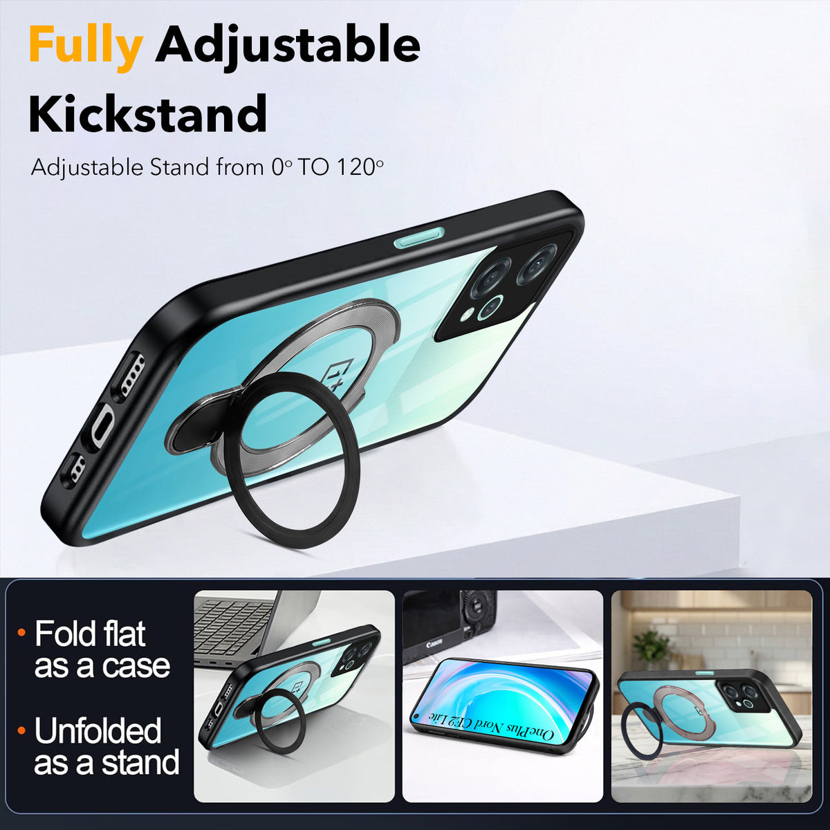 For OnePlus Nord CE 2 Lite 5G Back Cover Case (Kick Stand Ring Holder | Life time Anti Yellow | Camera Protection)