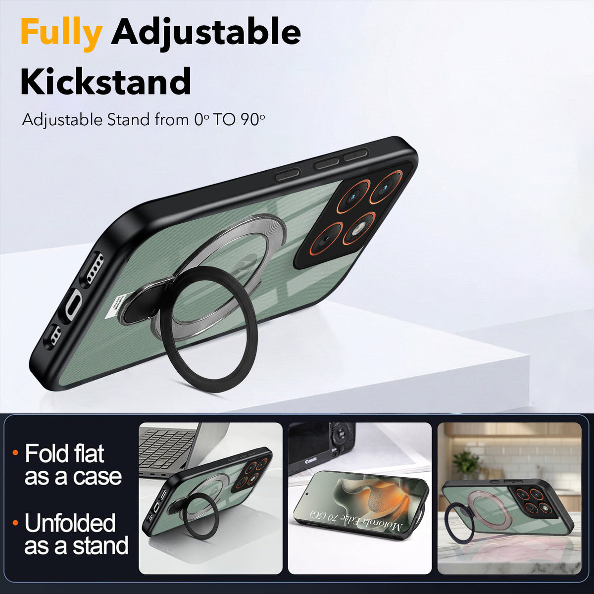 For Motorola Moto Edge 70 Back Cover Case (Kick Stand Ring Holder | Life time Anti Yellow | Camera Protection)