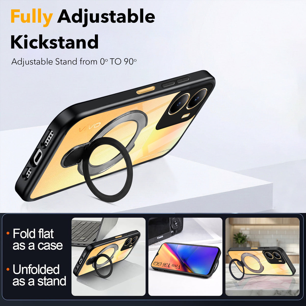 For Vivo Y56 5G Back Cover Case (Kick Stand Ring Holder | Life time Anti Yellow | Camera Protection)