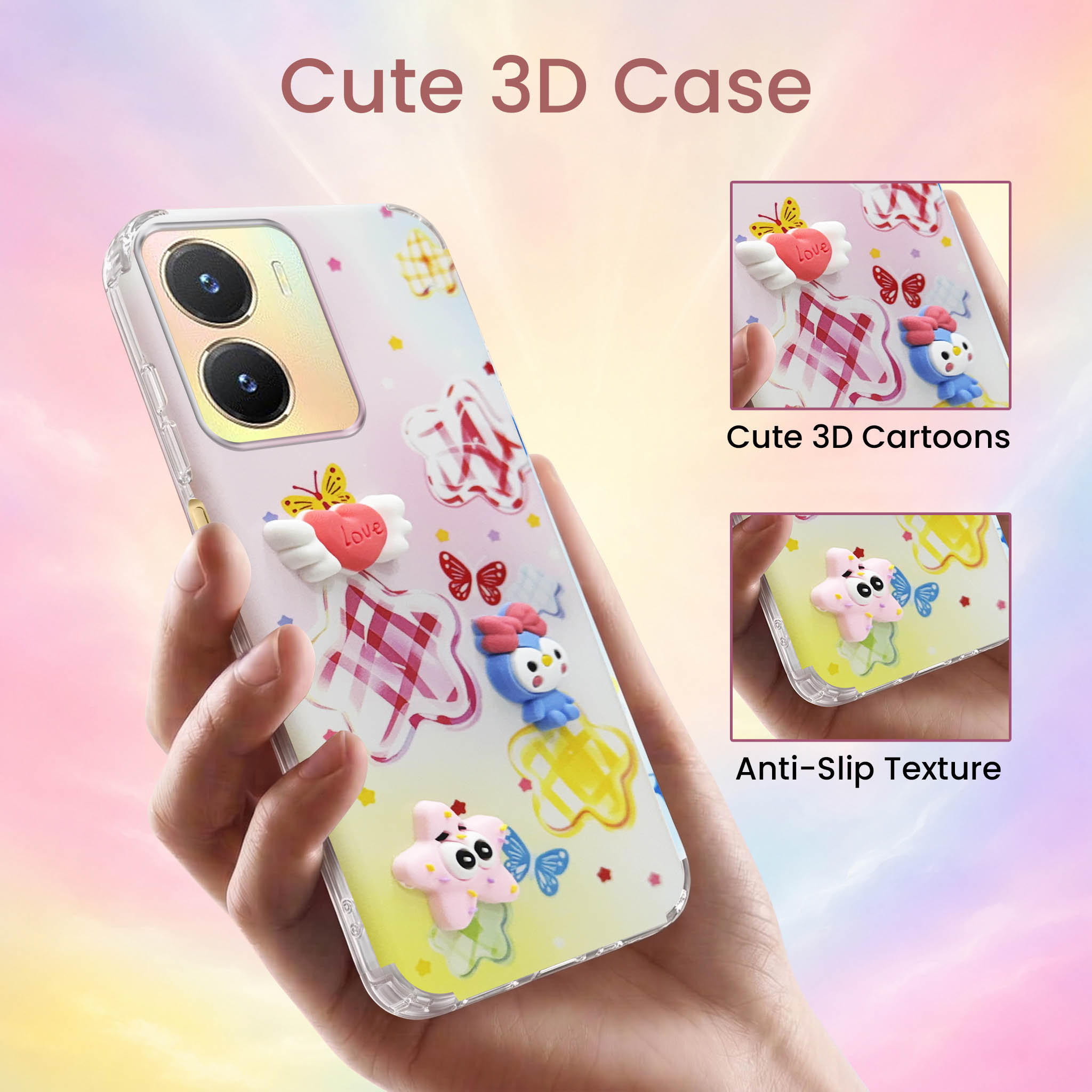 For Vivo T2x Back Cover Case (3D Cute Cartoons | Hard Back Side Soft | Matte Premium Finish | HD Printing)
