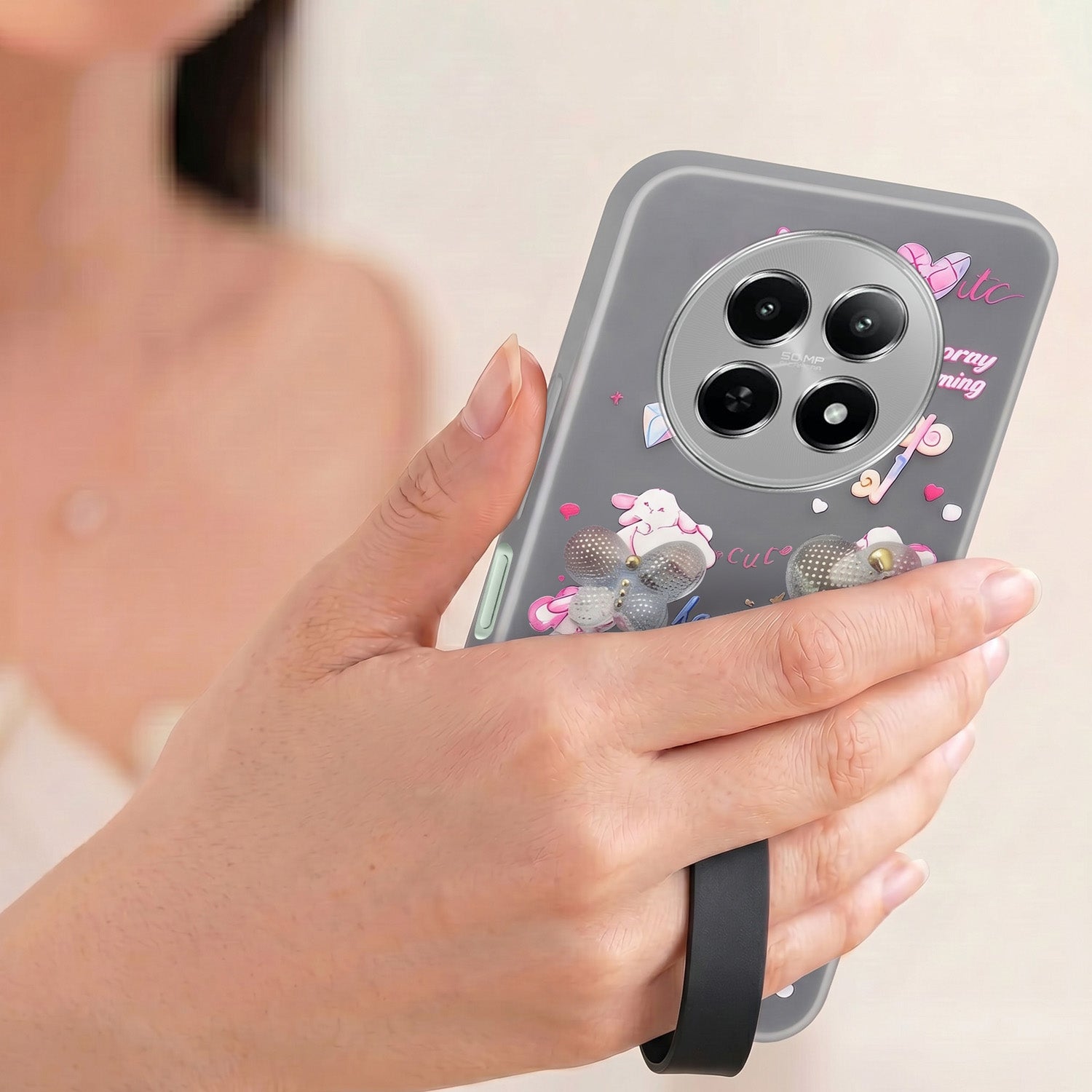 For Realme C65 5G Back Cover Case (3D Cute Heart Strap Holder | Camera Protection | Designer Girls Print)