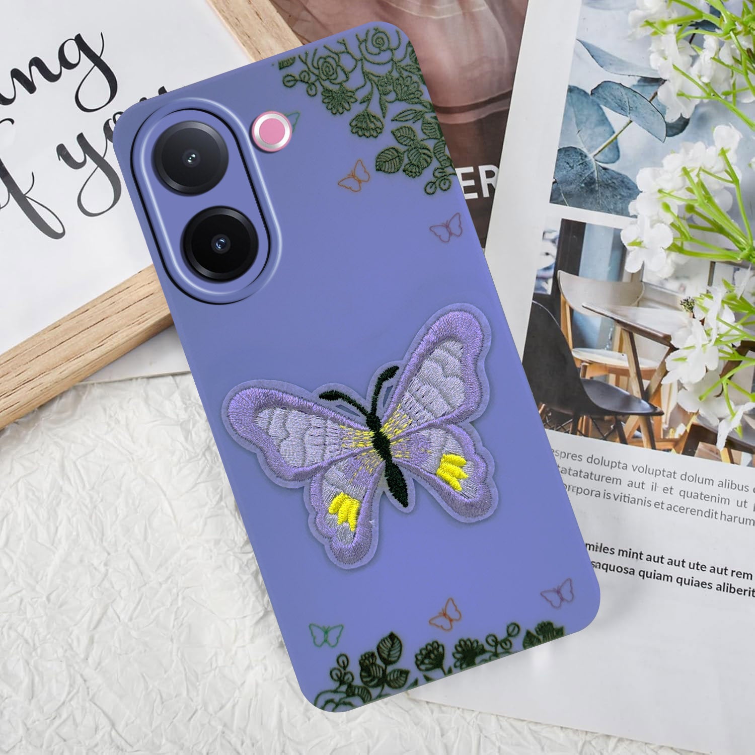 For Vivo V60e Back Cover Case (SoFt Butter Fly Embroidery | Women Teen Girls | Camera Protection| Matte Silicone)