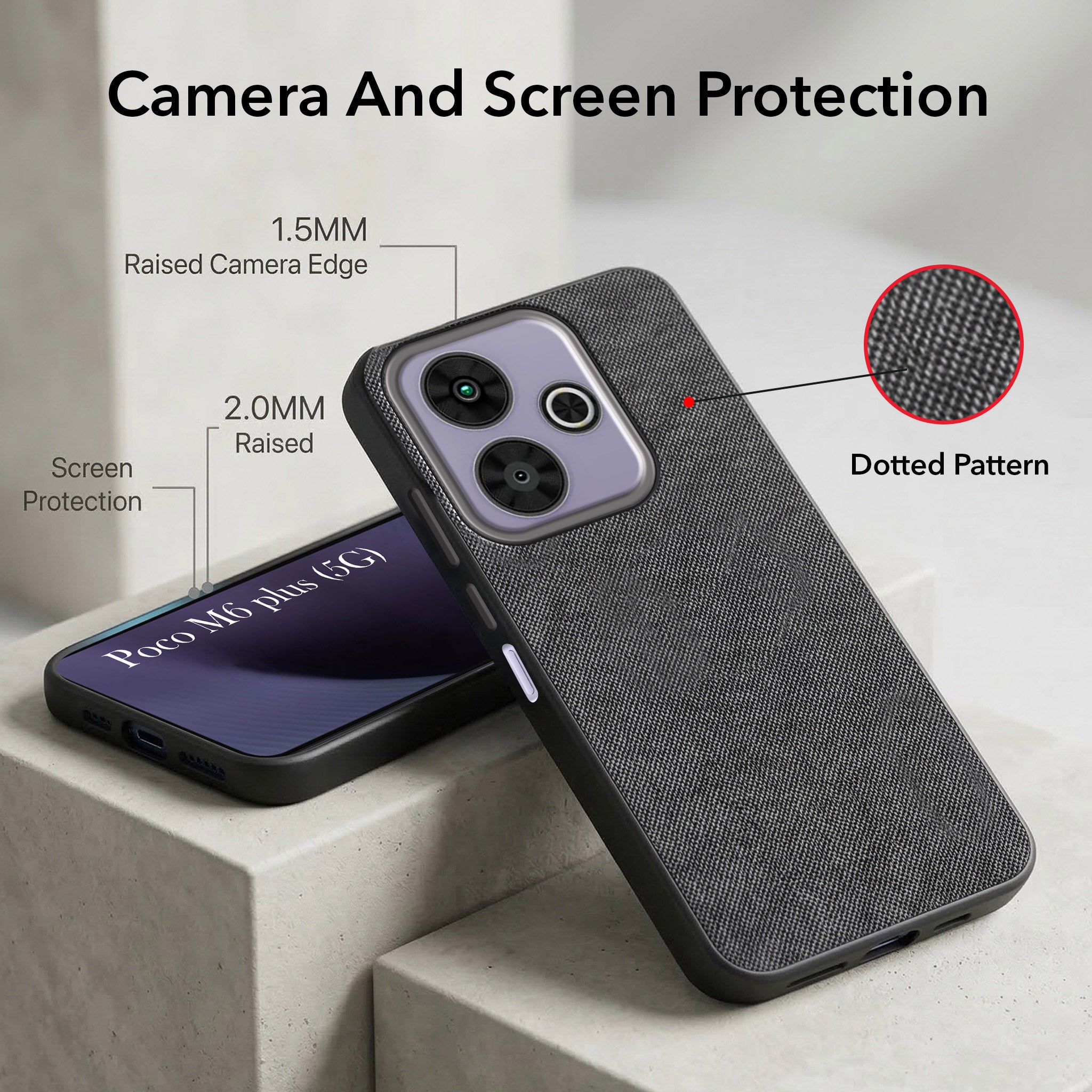 For Poco M6 Plus 5G Combo with Back Cover and 9H Tempered Glass (Textured Grip Design | Micro-Fiber Cloth Inside | Oleophobic Coating Screen Glass)