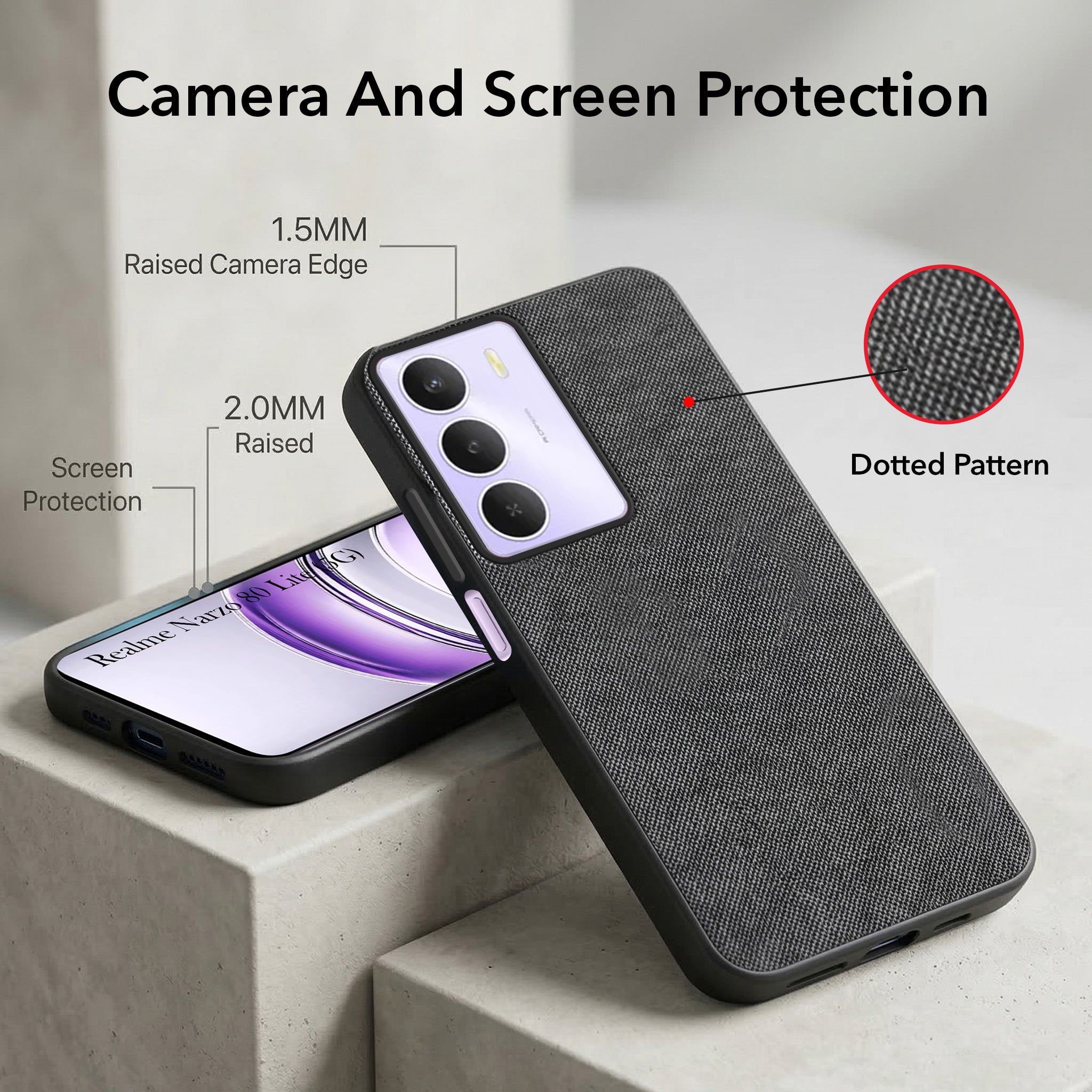 For Realme Narzo 80 Lite 5G Combo with Back Cover and 9H Tempered Glass (Textured Grip Design | Micro-Fiber Cloth Inside | Oleophobic Coating Screen Glass)