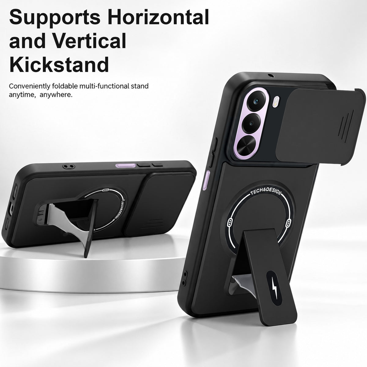 For Realme P4x Back Case Cover Metallic (Hybrid Armor Kickstand | Sliding Shutter Camera Protection | MagSafe Compatible)