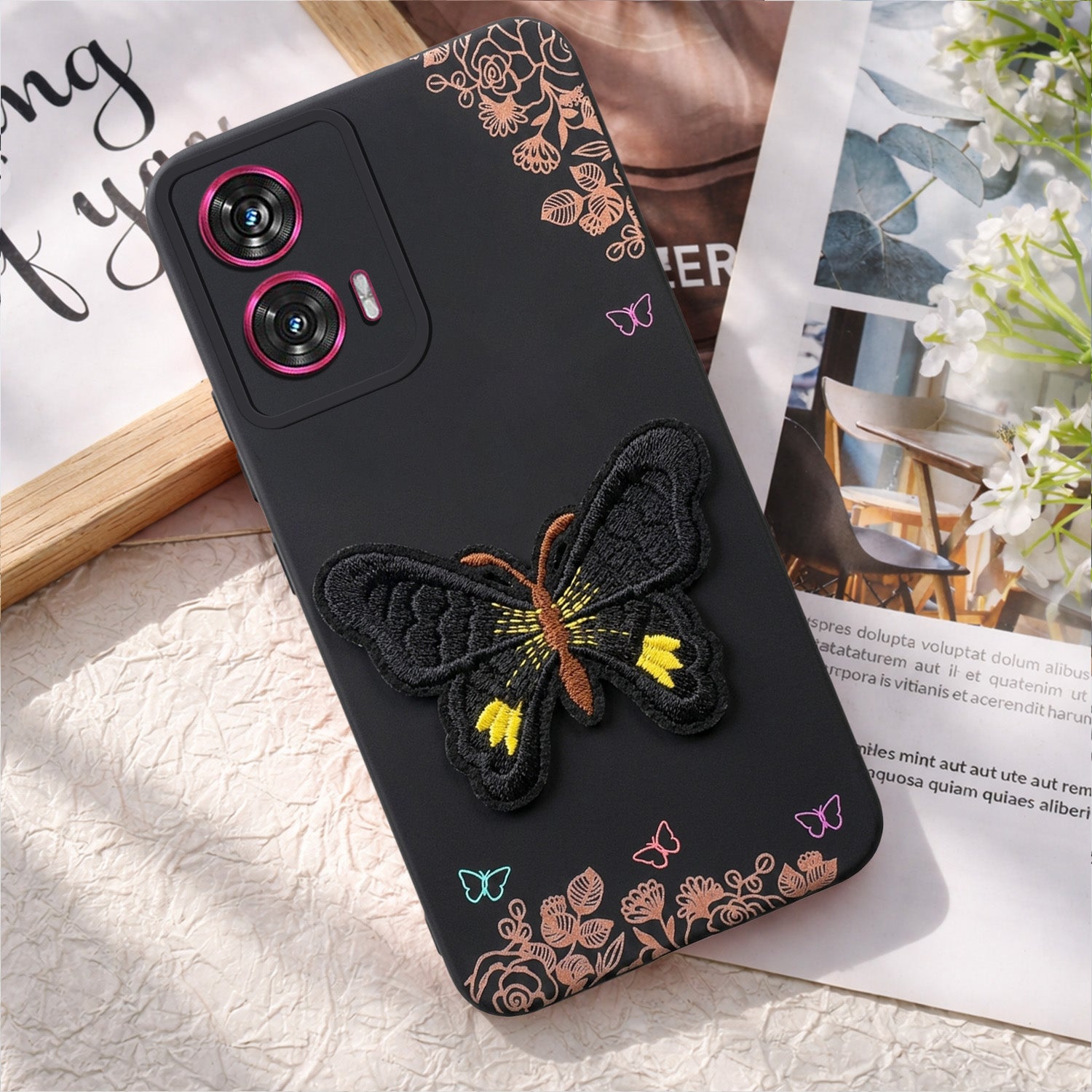 For Motorola Moto Edge 50 Fusion Back Cover Case (Soft Butterfly Embroidery | Women Teen Girls | Camera Protection| Matte Silicone)