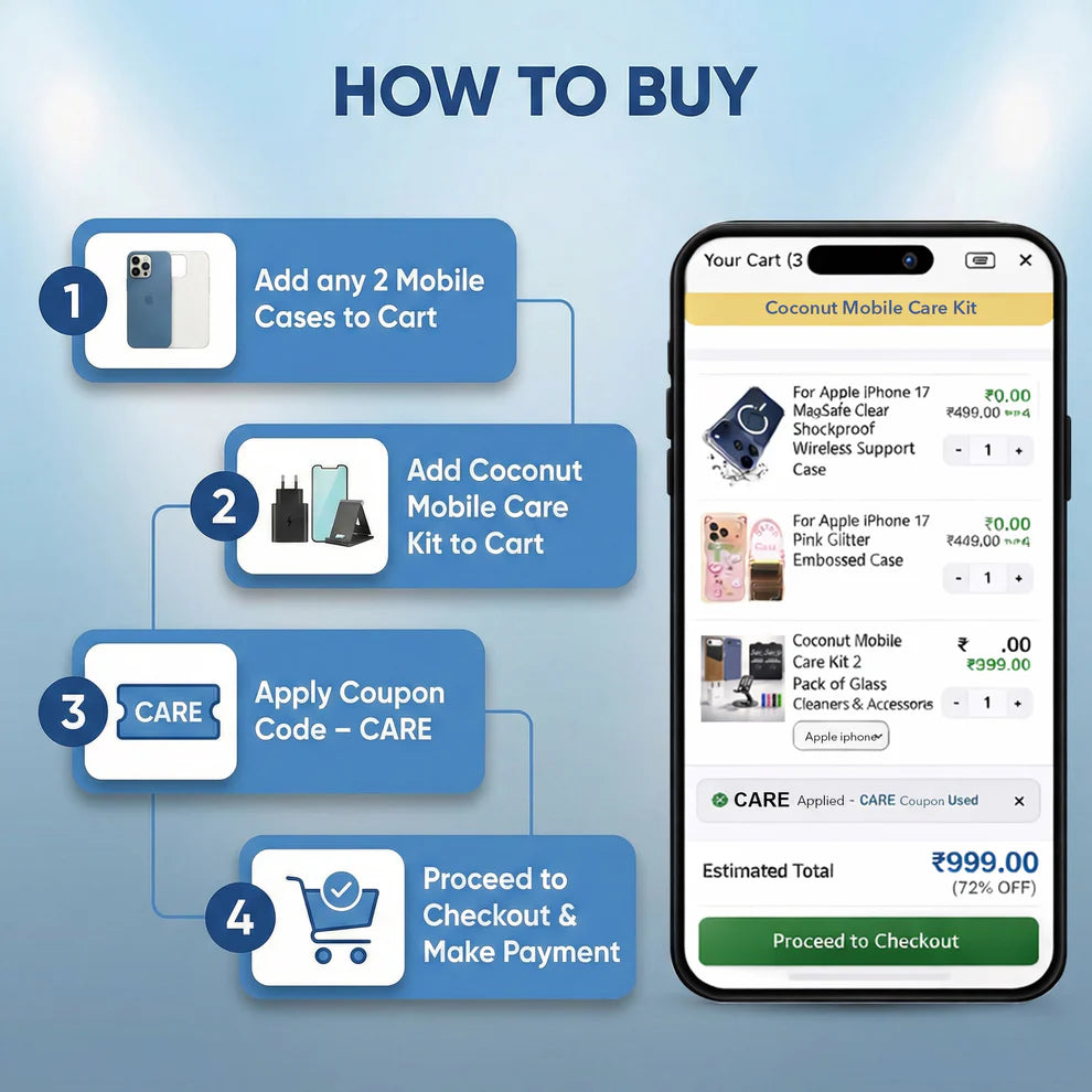 Coconut Complete Mobile Care Kit (Get Any 2 Cases+2 Tempered Glass+25W Charger Adapter+Metallic Mobile Stand+Cable Protector)