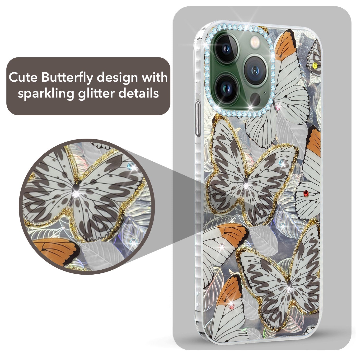 For Apple iPhone 13 Pro Back Cover Case (Luxury Floral Glitter Cute Butterfly | Diamond Studded Camera Bump | Girls & Women Design)