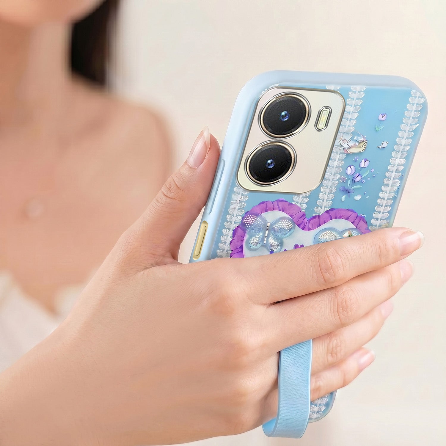 For Vivo T2x Back Cover Case (3D Cute Heart Strap Holder | Camera Protection | Designer Girls Print)