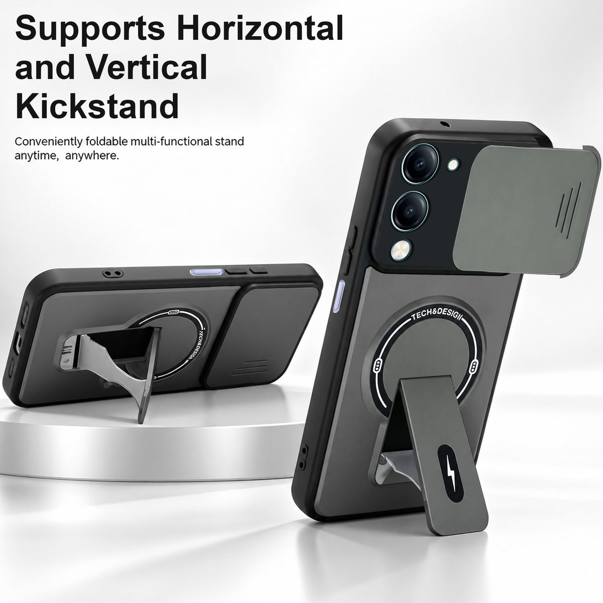 For Vivo Y19 | Vivo Y19e | Vivo T4 Lite Back Case Cover Metallic (Hybrid Armor Kickstand | Sliding Shutter Camera Protection | MagSafe Compatible)
