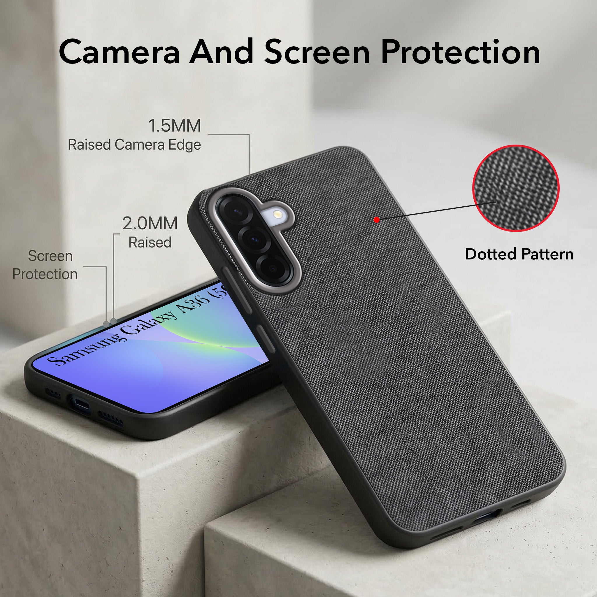 For Samsung Galaxy A36 5G Combo with Back Cover and 9H Tempered Glass (Textured Grip Design | Micro-Fiber Cloth Inside | Oleophobic Coating Screen Glass)