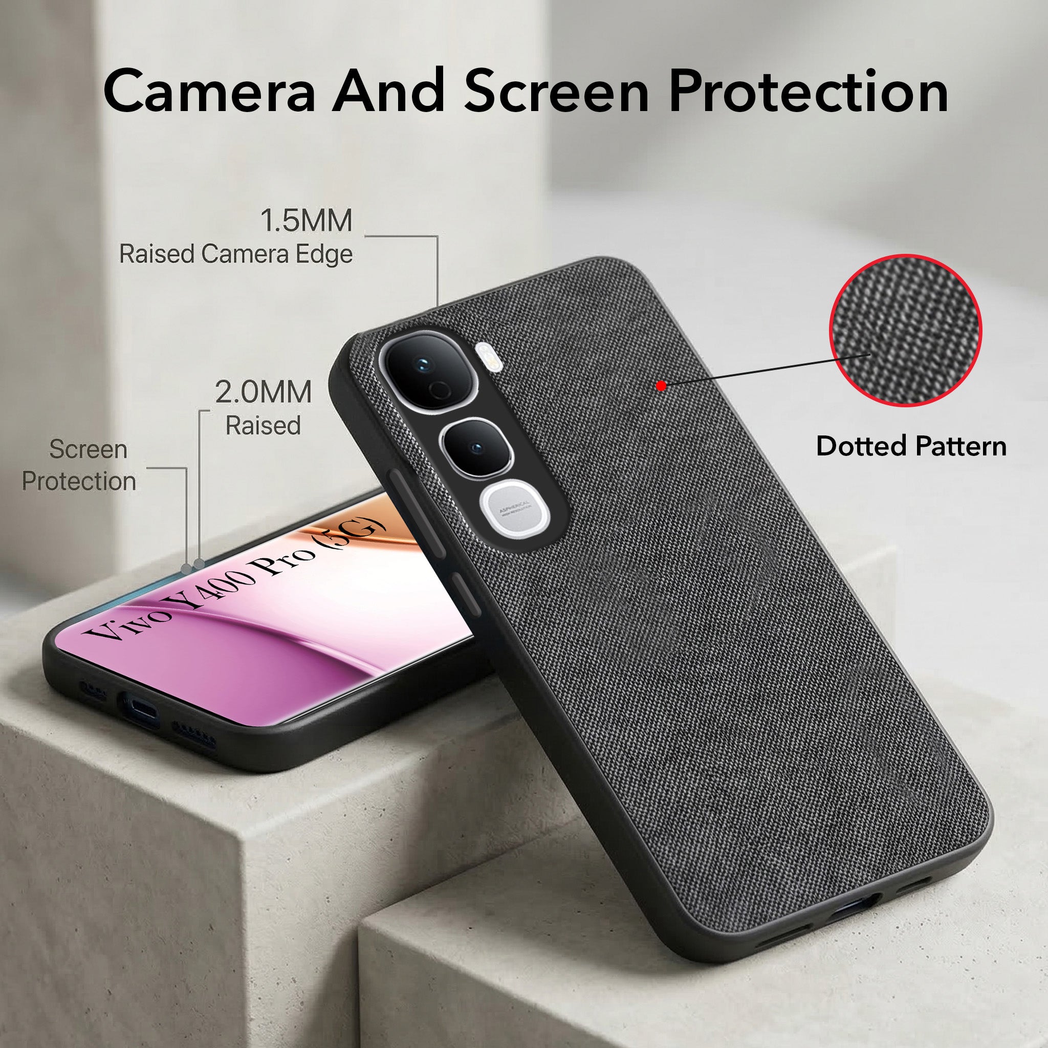 For Vivo Y400 Pro Combo with Back Cover and 9H Tempered Glass (Textured Grip Design | Micro-Fiber Cloth Inside | Oleophobic Coating Screen Glass)