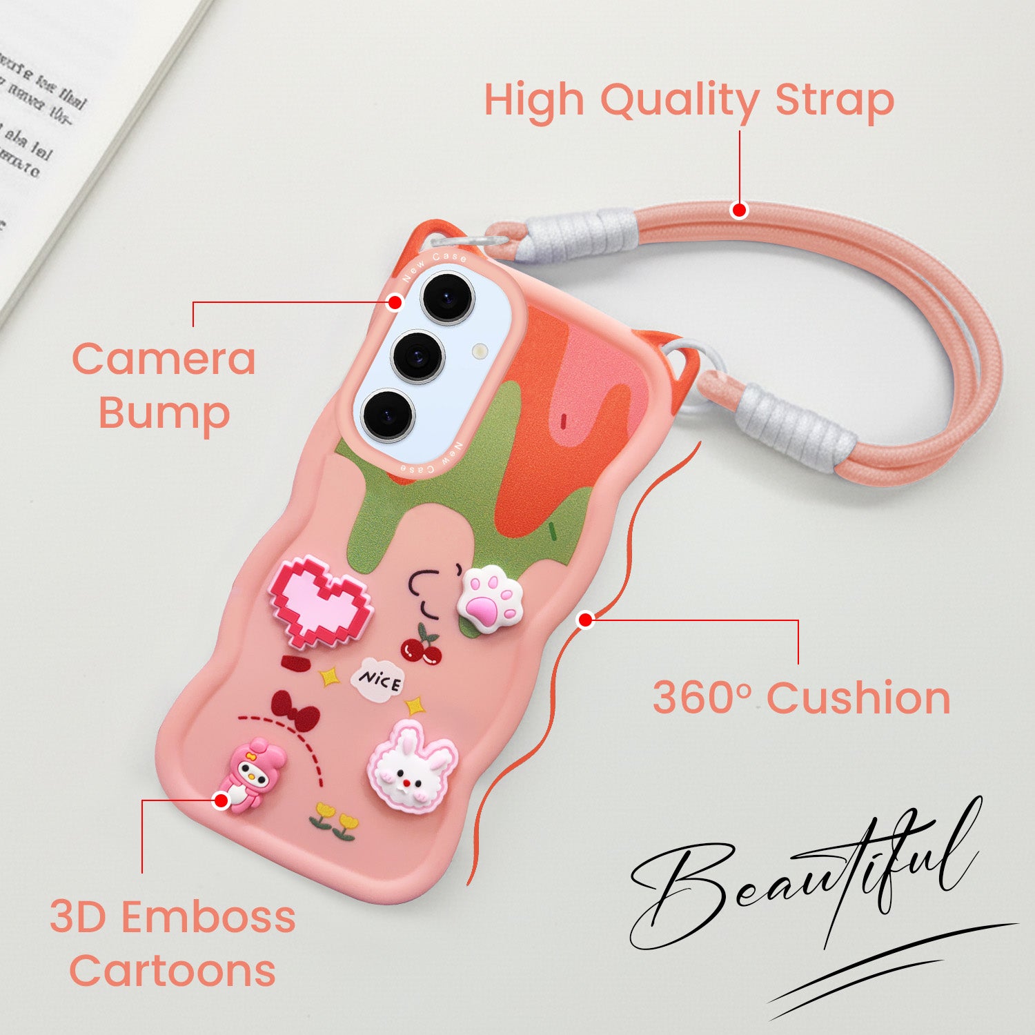 For Samsung Galaxy S24 FE Back Case Cover Strap (3D embossed Figures | Strap Holder | 360* Soft Cushion with Camera Bump)