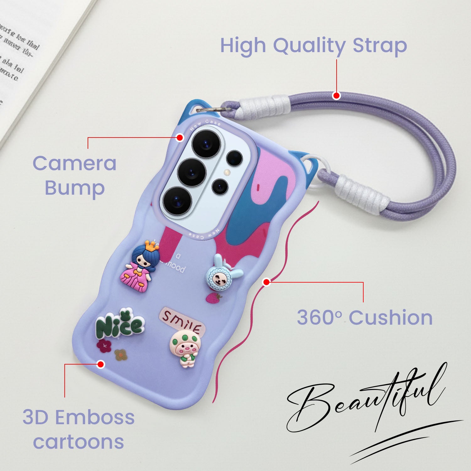 For Samsung Galaxy S26 Ultra Back Case Cover Strap (3D embossed Figures | Strap Holder | 360* Soft Cushion with Camera Bump)