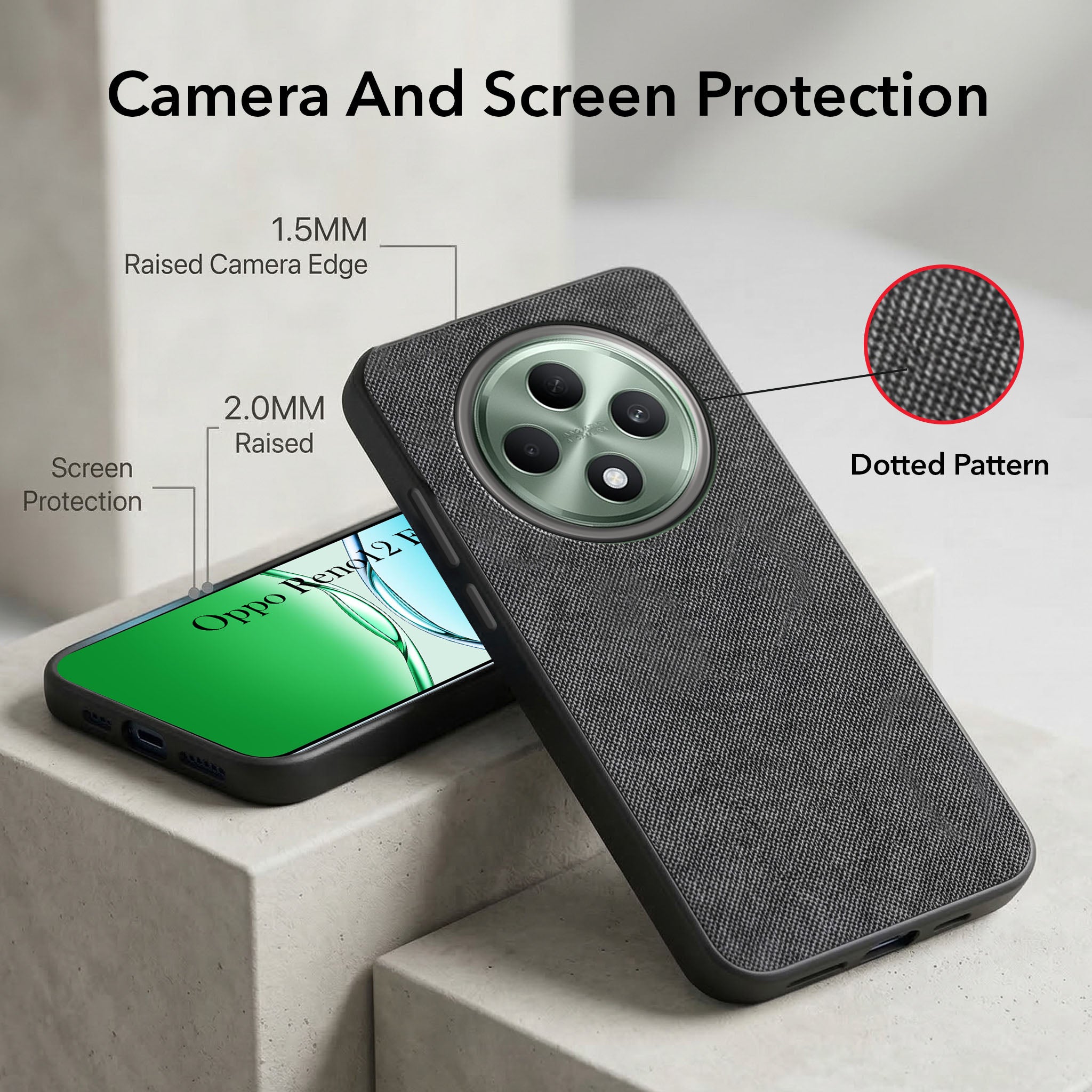 For Oppo Reno 12F Combo with Back Cover and 9H Tempered Glass (Textured Grip Design | Micro-Fiber Cloth Inside | Oleophobic Coating Screen Glass)