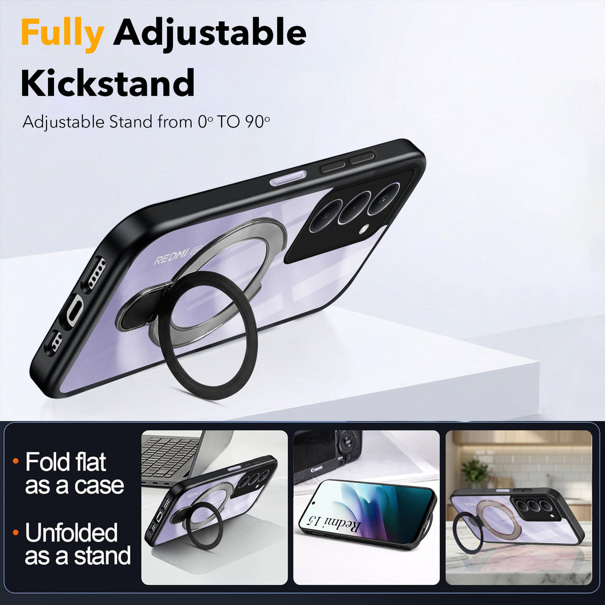For Redmi 15 Back Cover Case (Kick Stand Ring Holder | Life time Anti Yellow | Camera Protection)