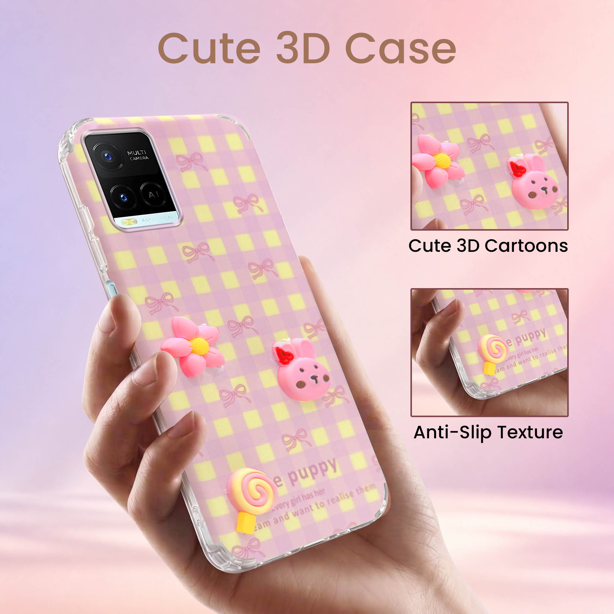 For Vivo Y21e | Vivo Y21A | Vivo Y32 Back Cover Case (3D Cute Cartoons | Hard Back Side Soft | Matte Premium Finish | HD Printing)