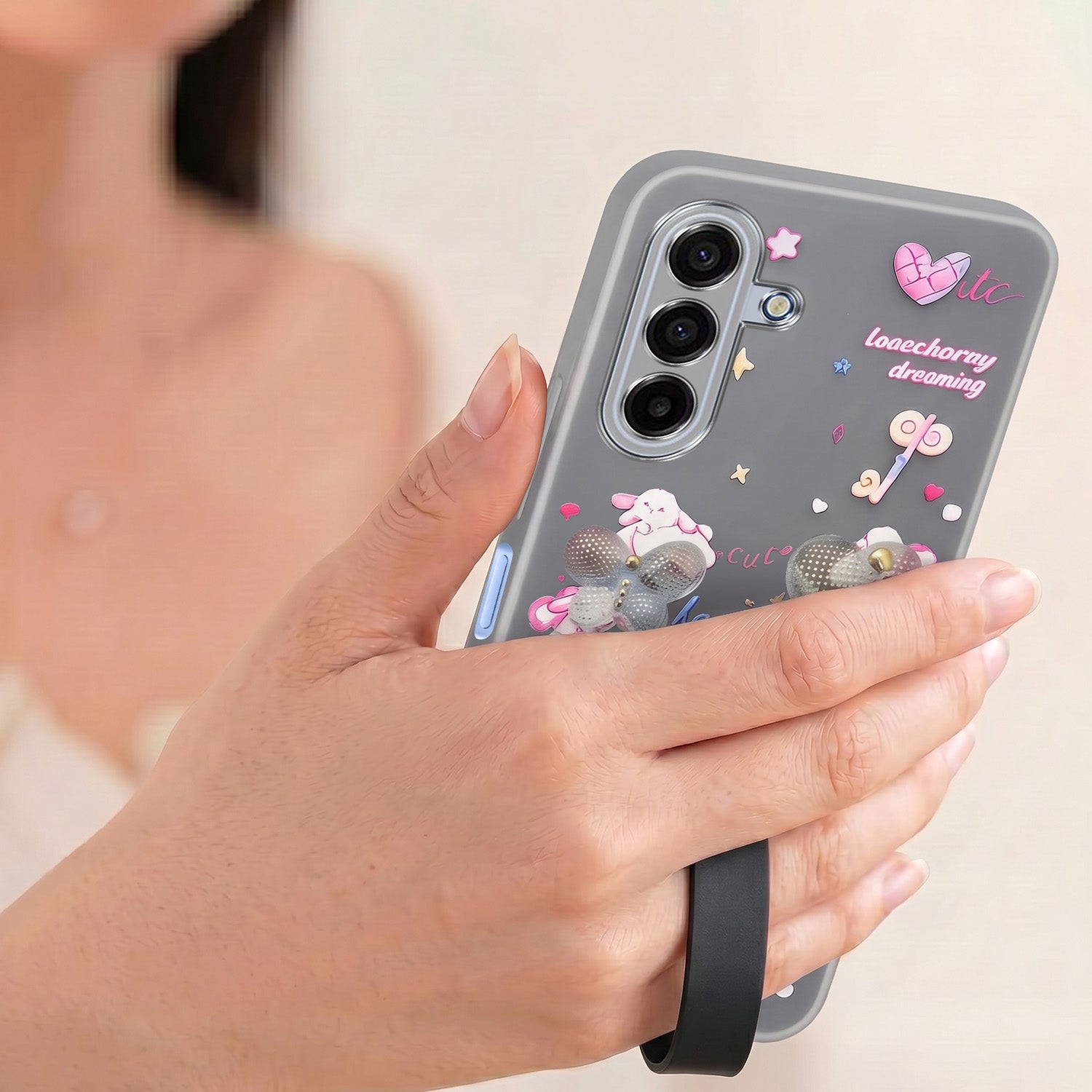 For Samsung A17 Back Cover Case (3D Cute Heart Strap Holder | Camera Protection | Designer Girls Print)