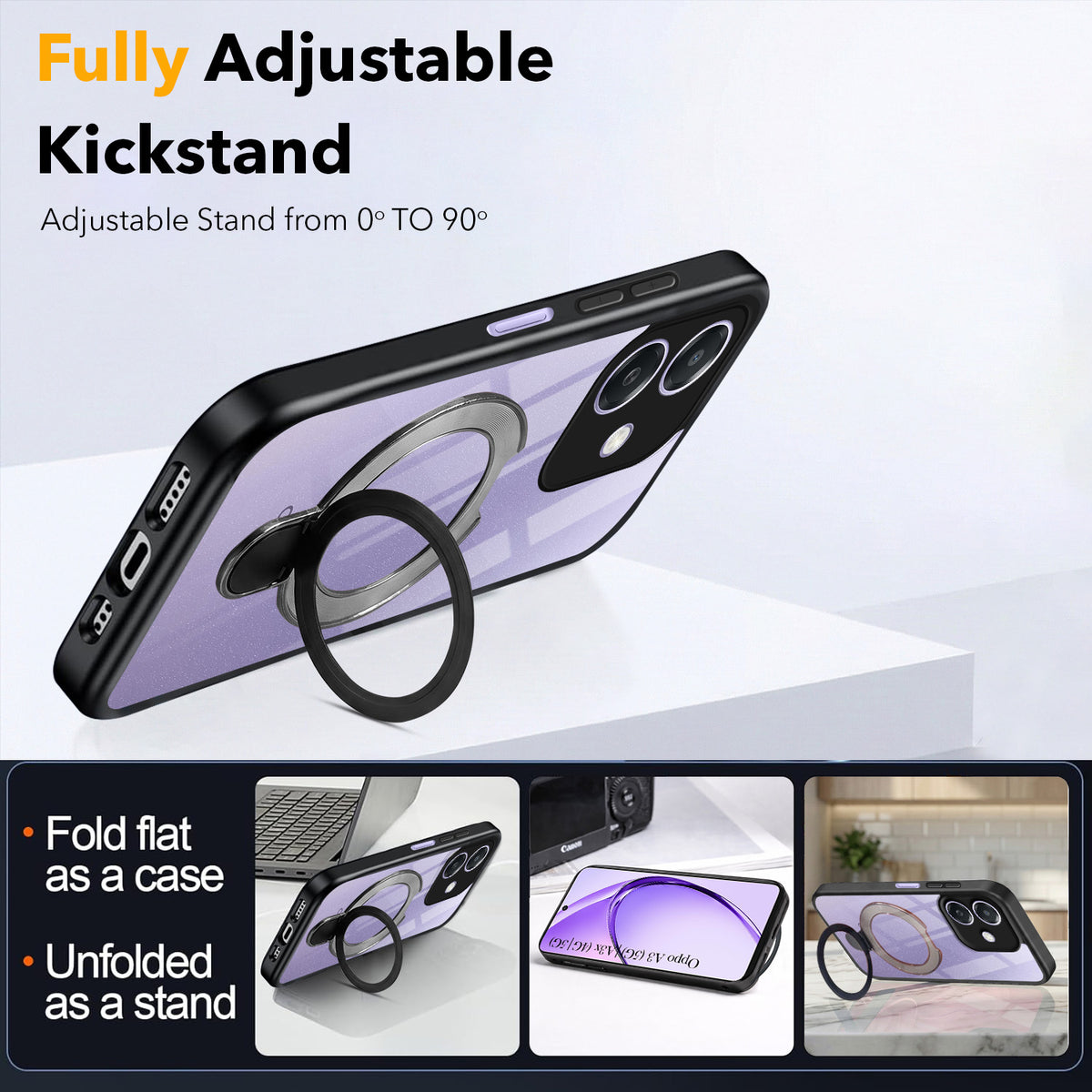 For Oppo A3X (4G/5G) | Oppo A3 5G Back Cover Case (Kick Stand Ring Holder | Life time Anti Yellow | Camera Protection)