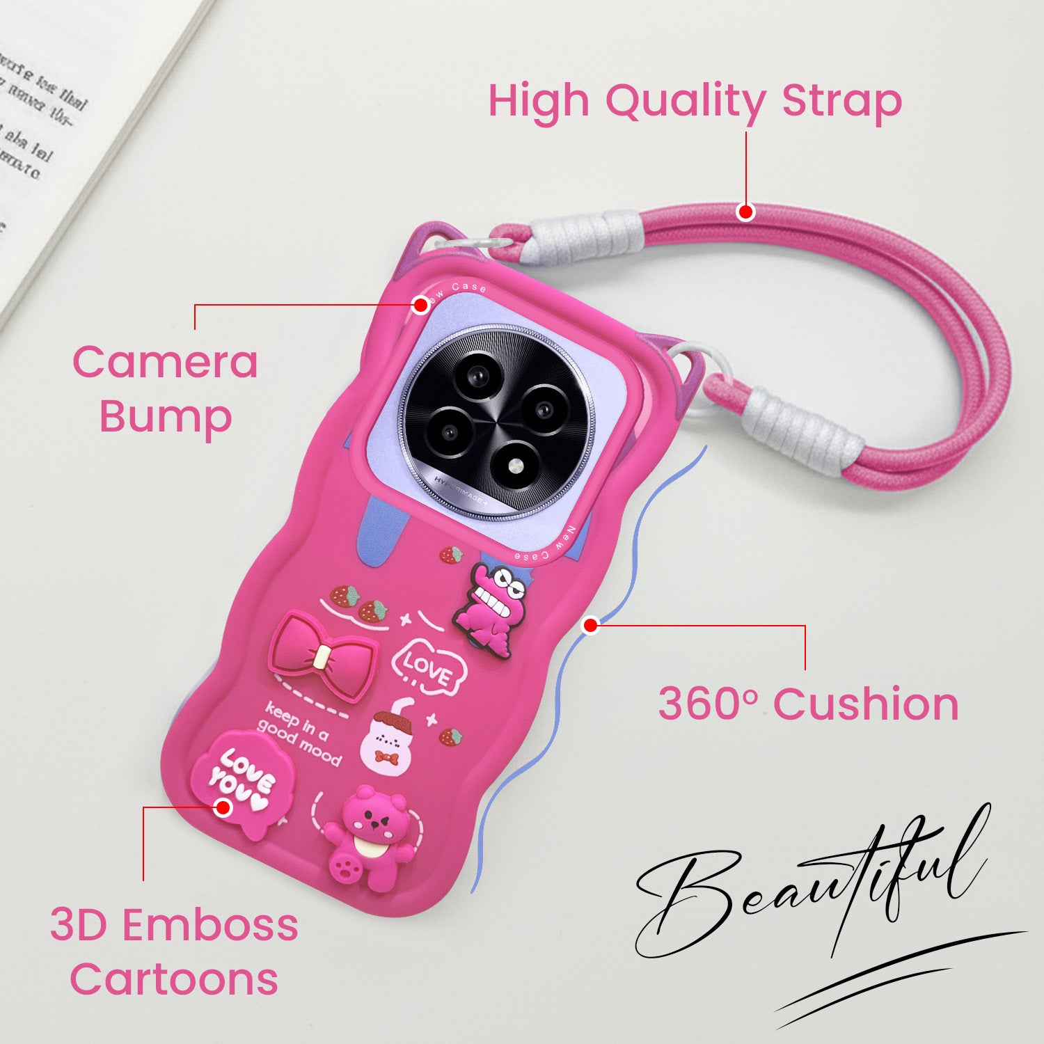 For Realme 13 Pro | Realme 13 Pro Plus 5G Back Case Cover Strap(3D embossed Figures | Strap Holder | 360* Soft Cushion with Camera Bump)