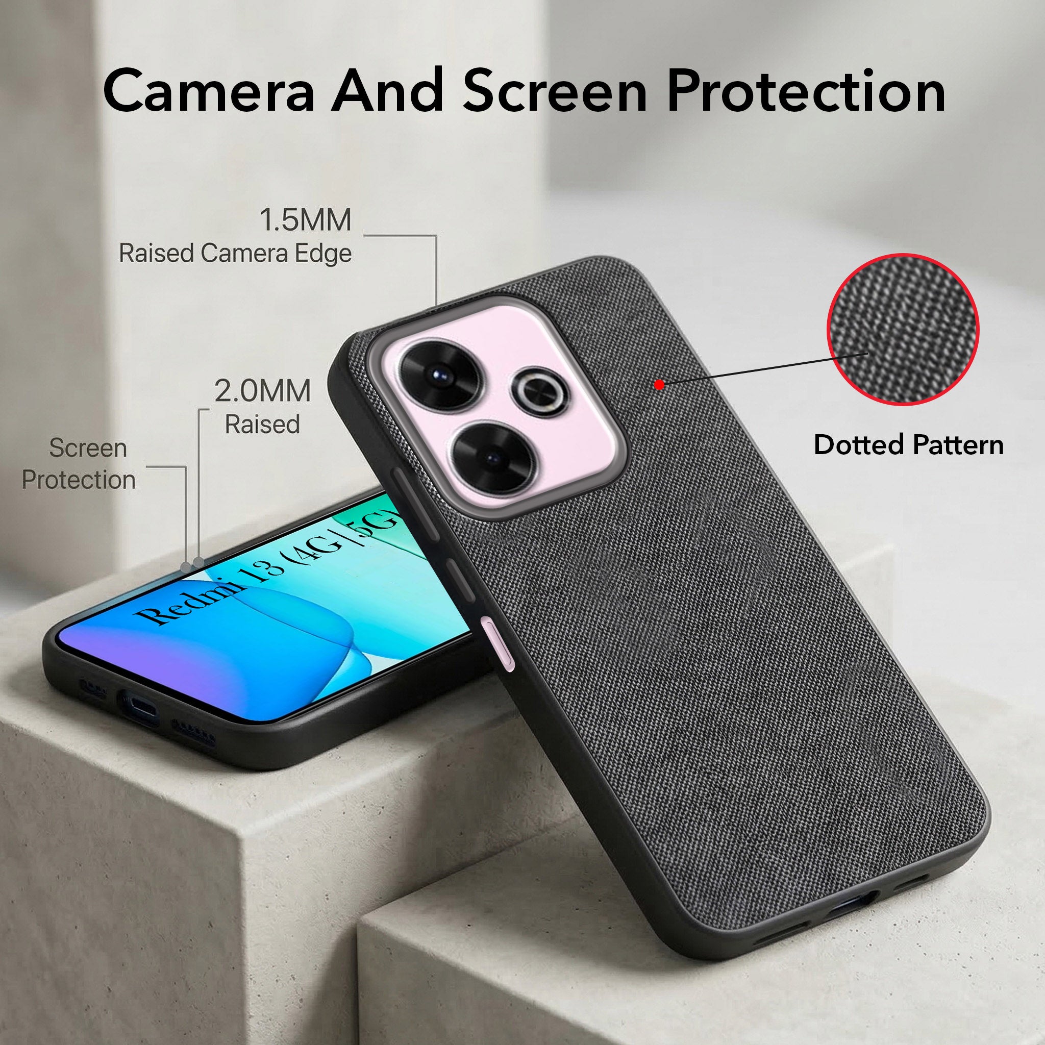 For Xiaomi Mi Redmi 13 4G | 5G Combo with Back Cover and 9H Tempered Glass (Textured Grip Design | Micro-Fiber Cloth Inside | Oleophobic Coating Screen Glass)