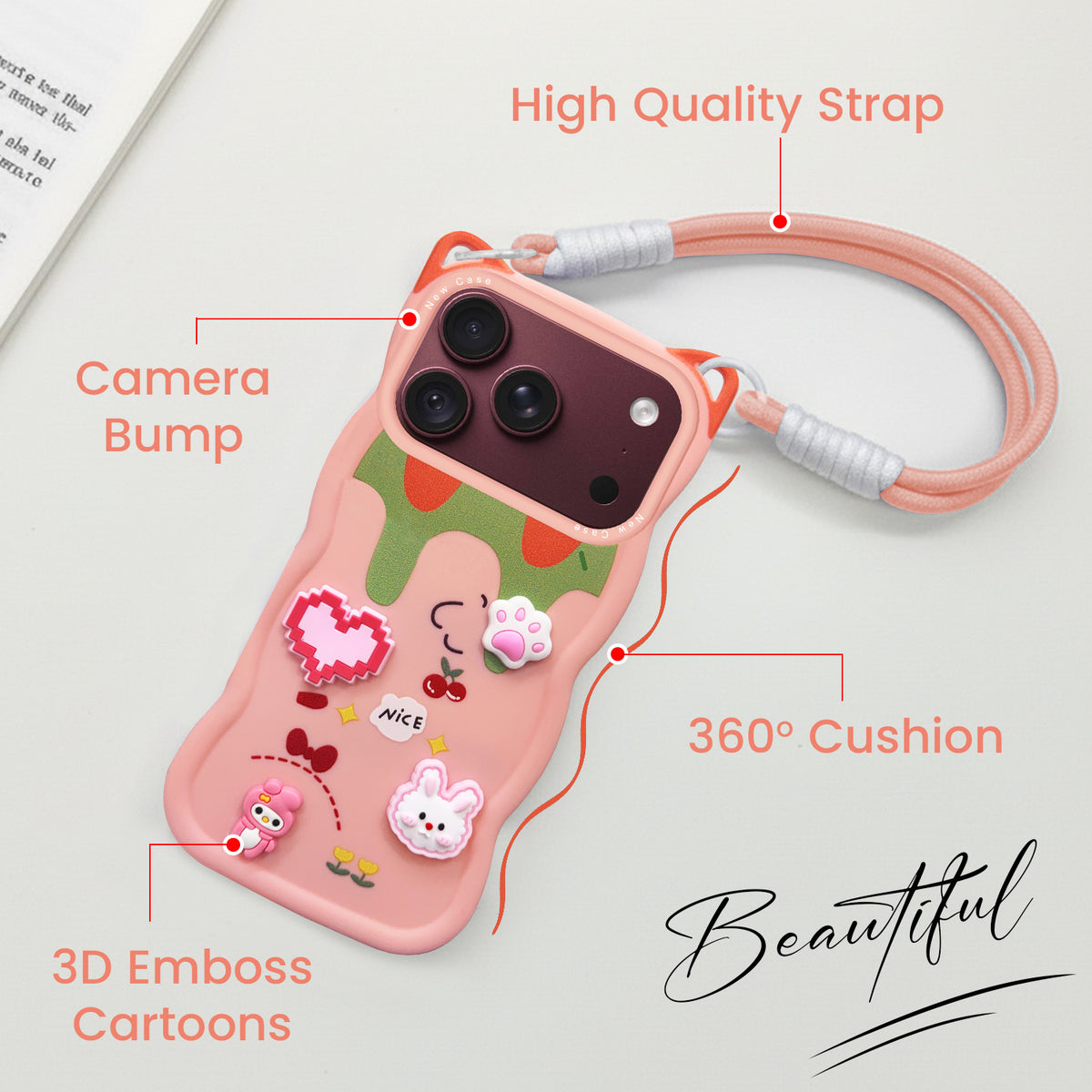 For Apple iPhone 18 Pro Max Back Case Cover Strap (3D Embossed Figures | Strap Holder | 360* Soft Cushion with Camera Bump)