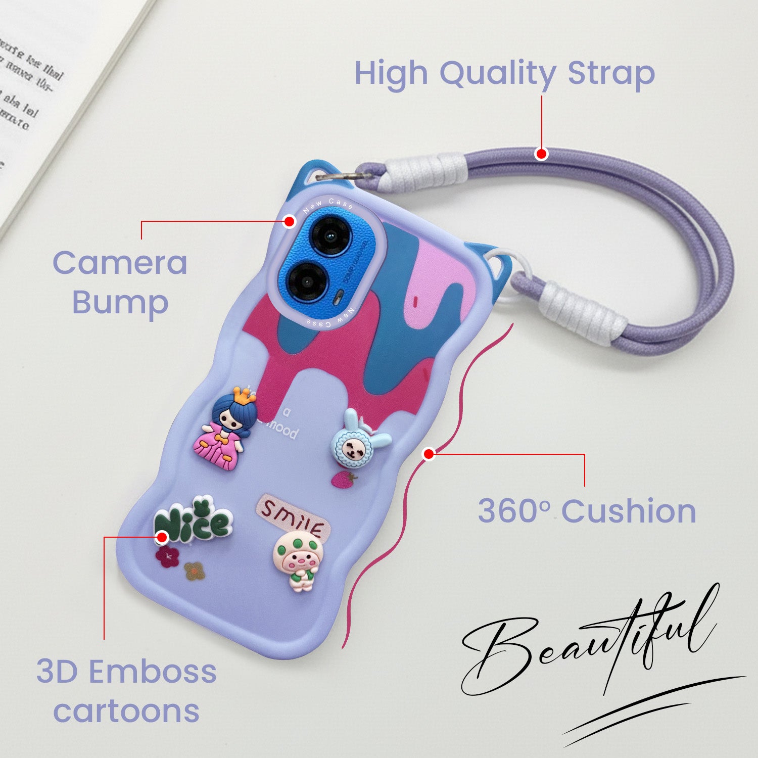 For Motorola Moto G45 Back Case Cover Strap (3D embossed Figures | Strap Holder | 360* Soft Cushion with Camera Bump)
