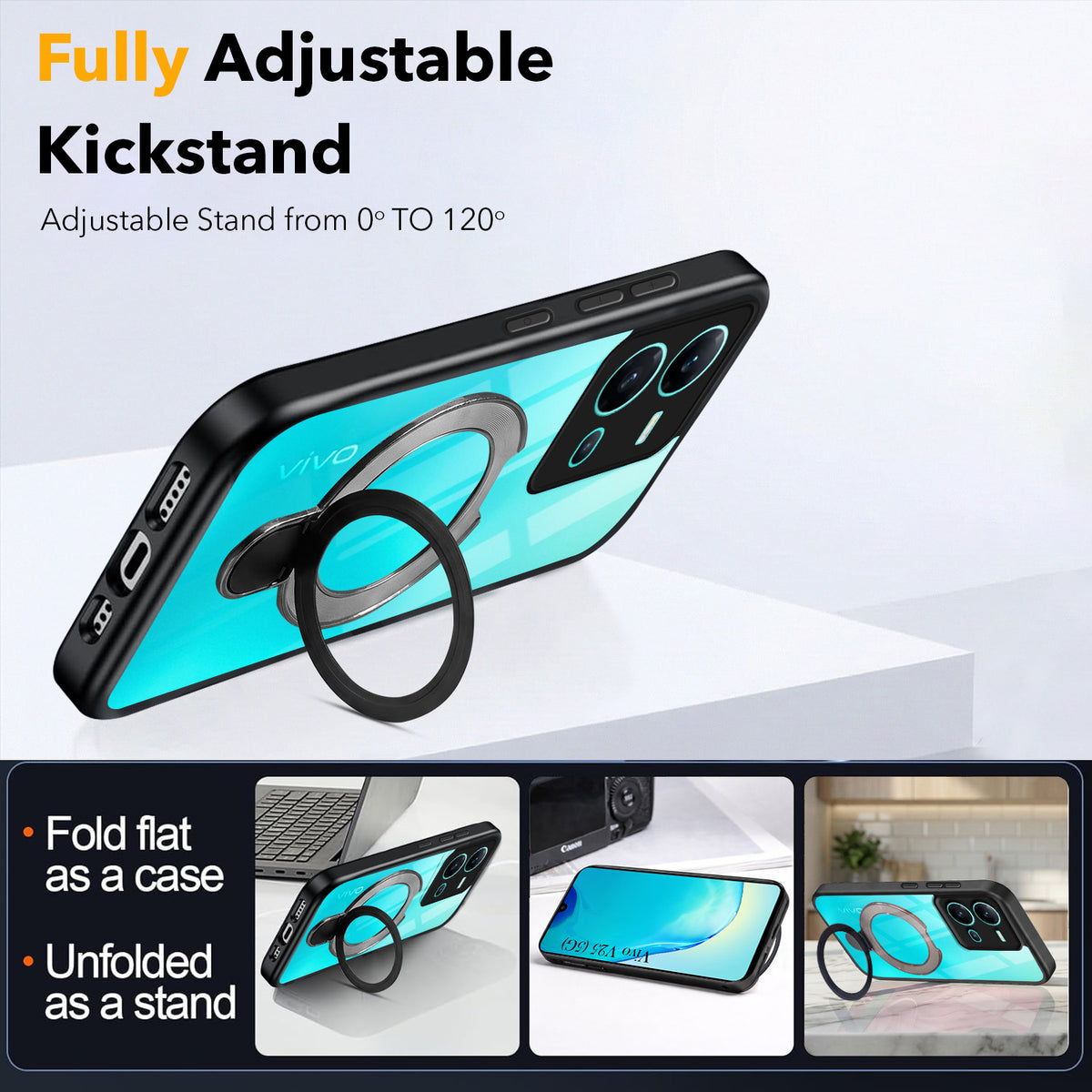 For Vivo V25 5G Back Cover Case (Kick Stand Ring Holder | Life time Anti Yellow | Camera Protection)