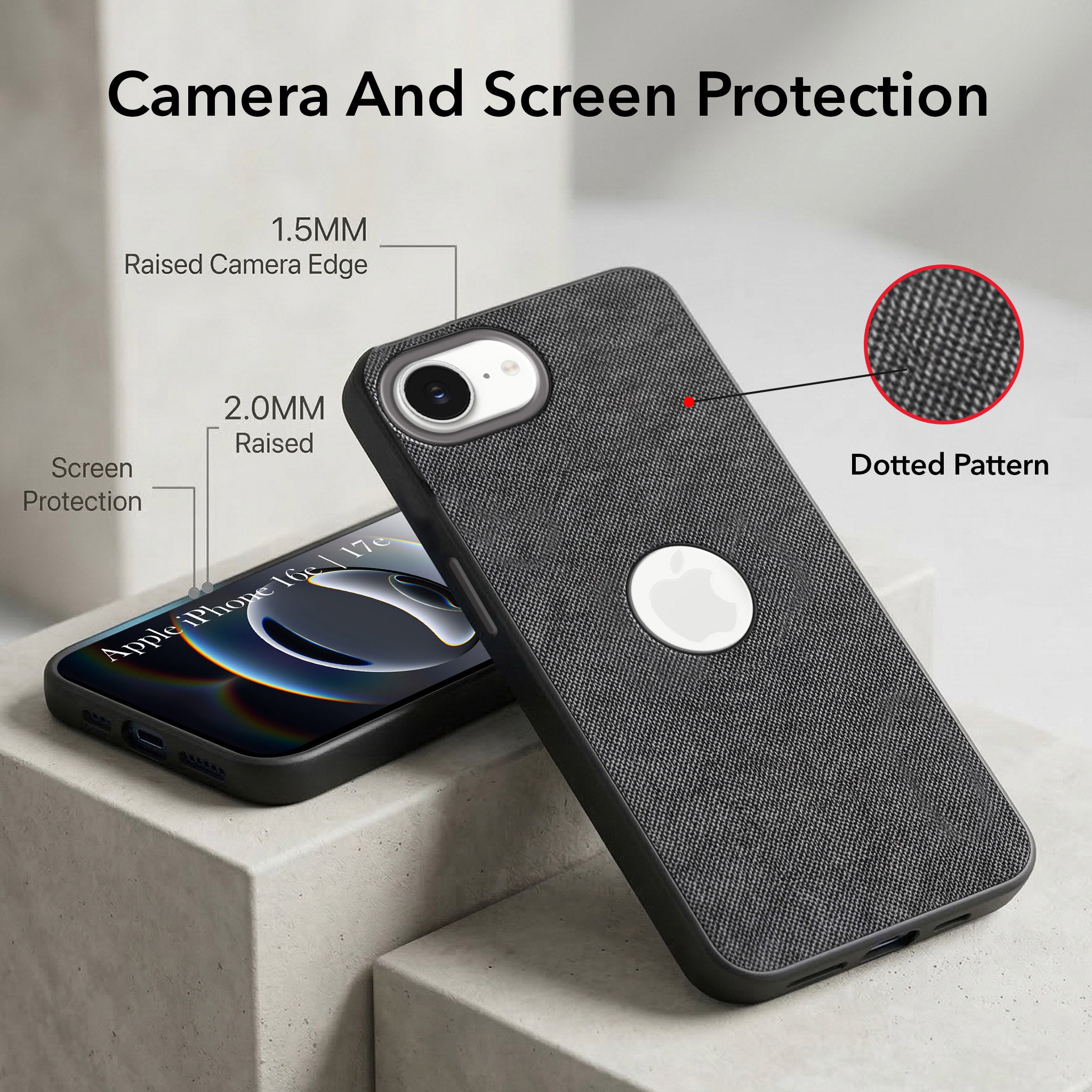For Apple iPhone 16e | iPhone 17e Combo with Back Cover and 9H Tempered Glass (Textured Grip Design | Micro-Fiber Cloth Inside | Oleophobic Coating Screen Glass)
