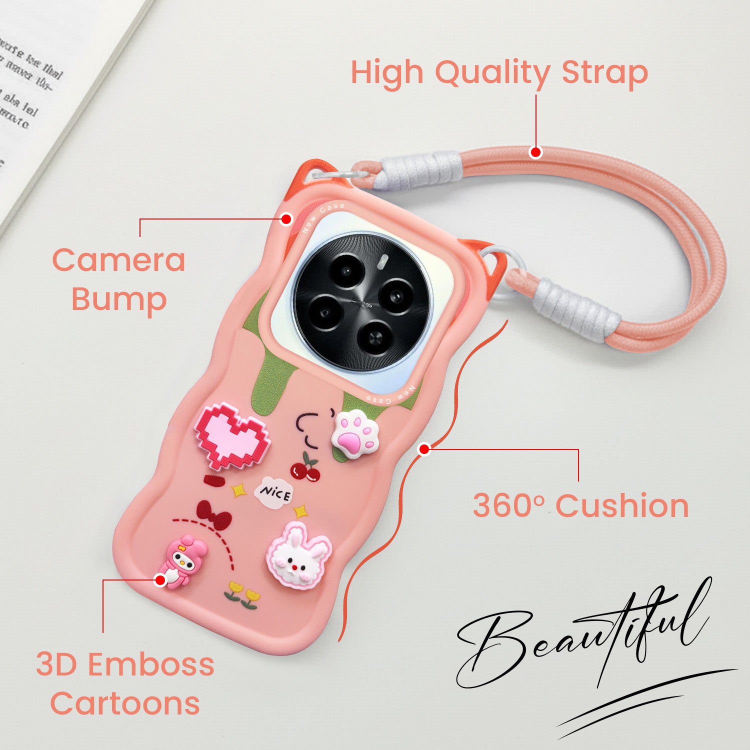 For Realme Narzo 70 5G Back Case Cover Strap (3D Embossed Figures | Strap Holder | 360* Soft Cushion with Camera Bump)