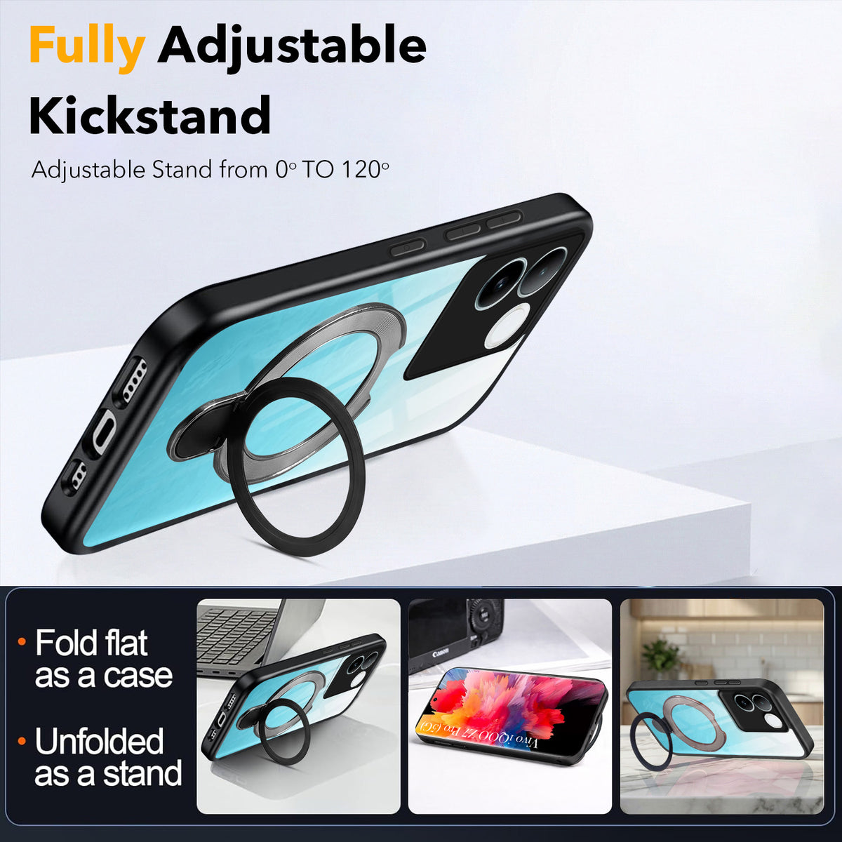 For Vivo iQOO Z7 Pro Back Cover Case (Kick Stand Ring Holder | Life time Anti Yellow | Camera Protection)