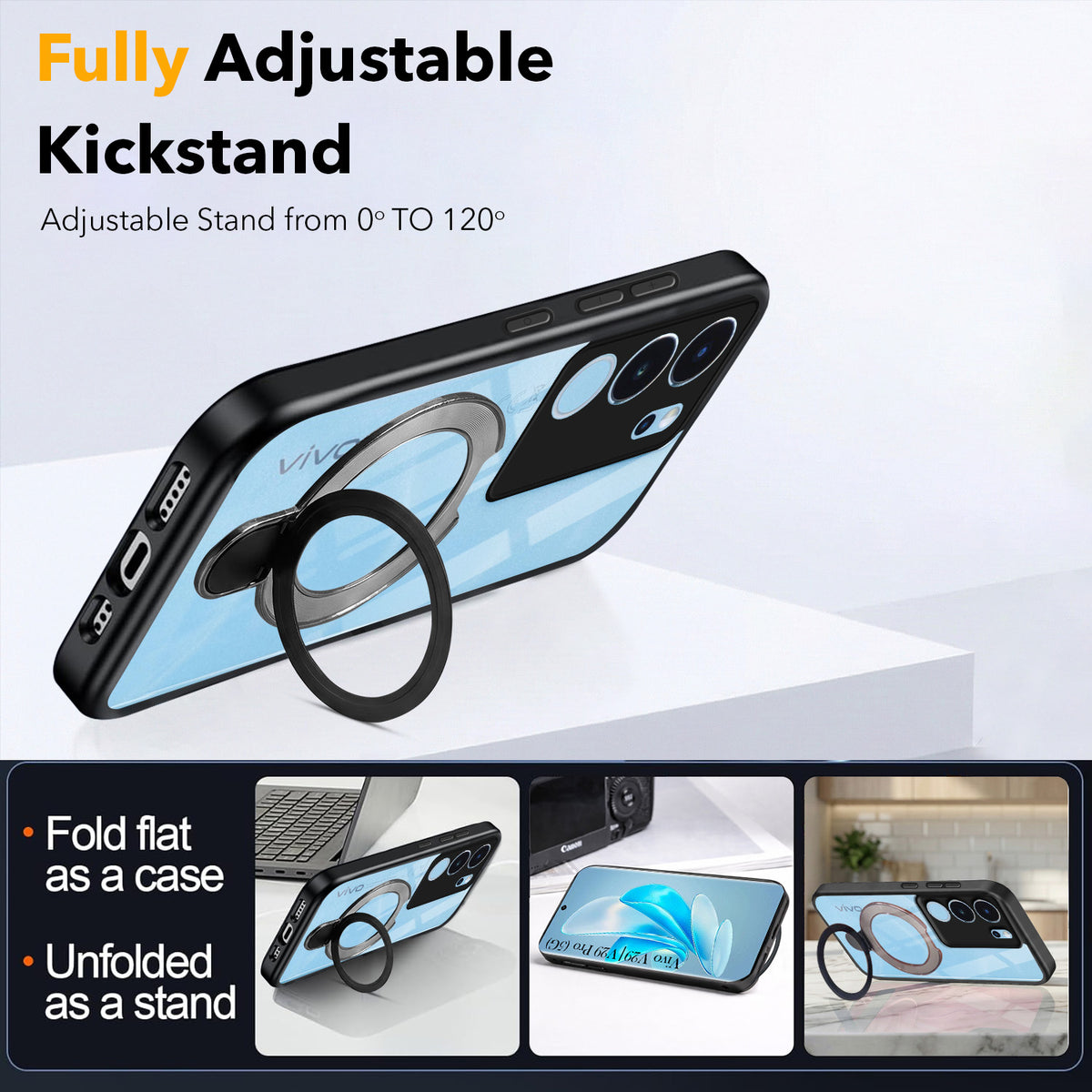 For Vivo V29 | Vivo V29 Pro 5G Back Cover Case (Kick Stand Ring Holder | Life time Anti Yellow | Camera Protection)