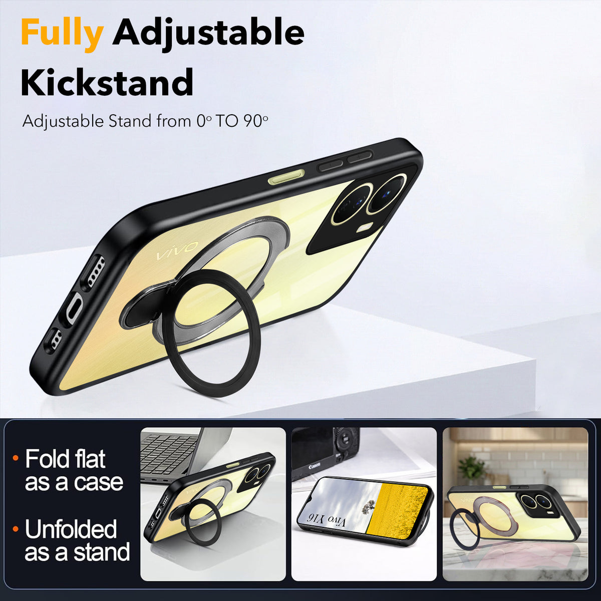 For Vivo Y16 Back Cover Case (Kick Stand Ring Holder | Life time Anti Yellow | Camera Protection)
