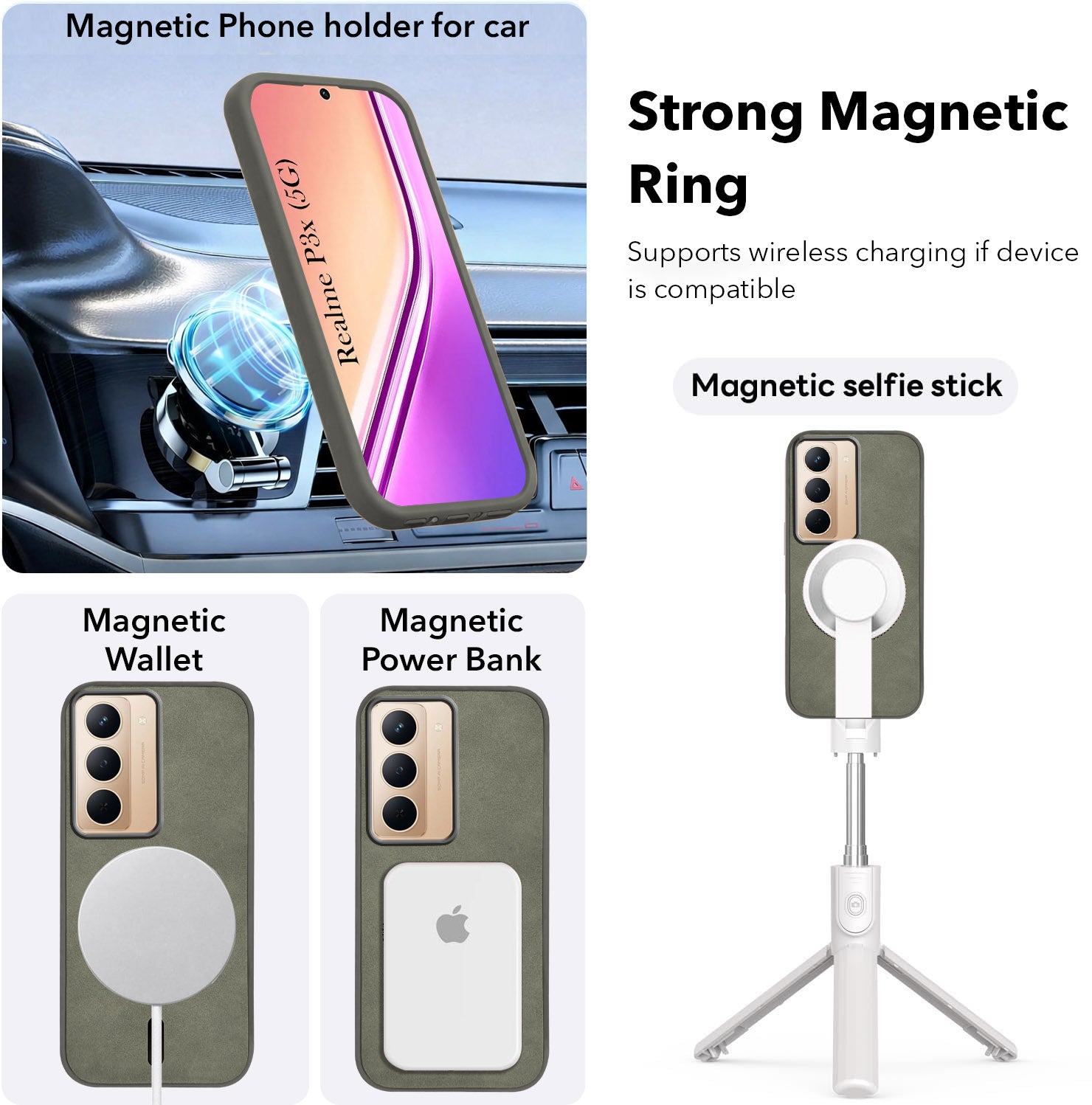 For Realme P3x Back Cover Case Leather Finish (MagSafe Compatible Wireless Charging | Soft Touch | Camera Bump Protection)