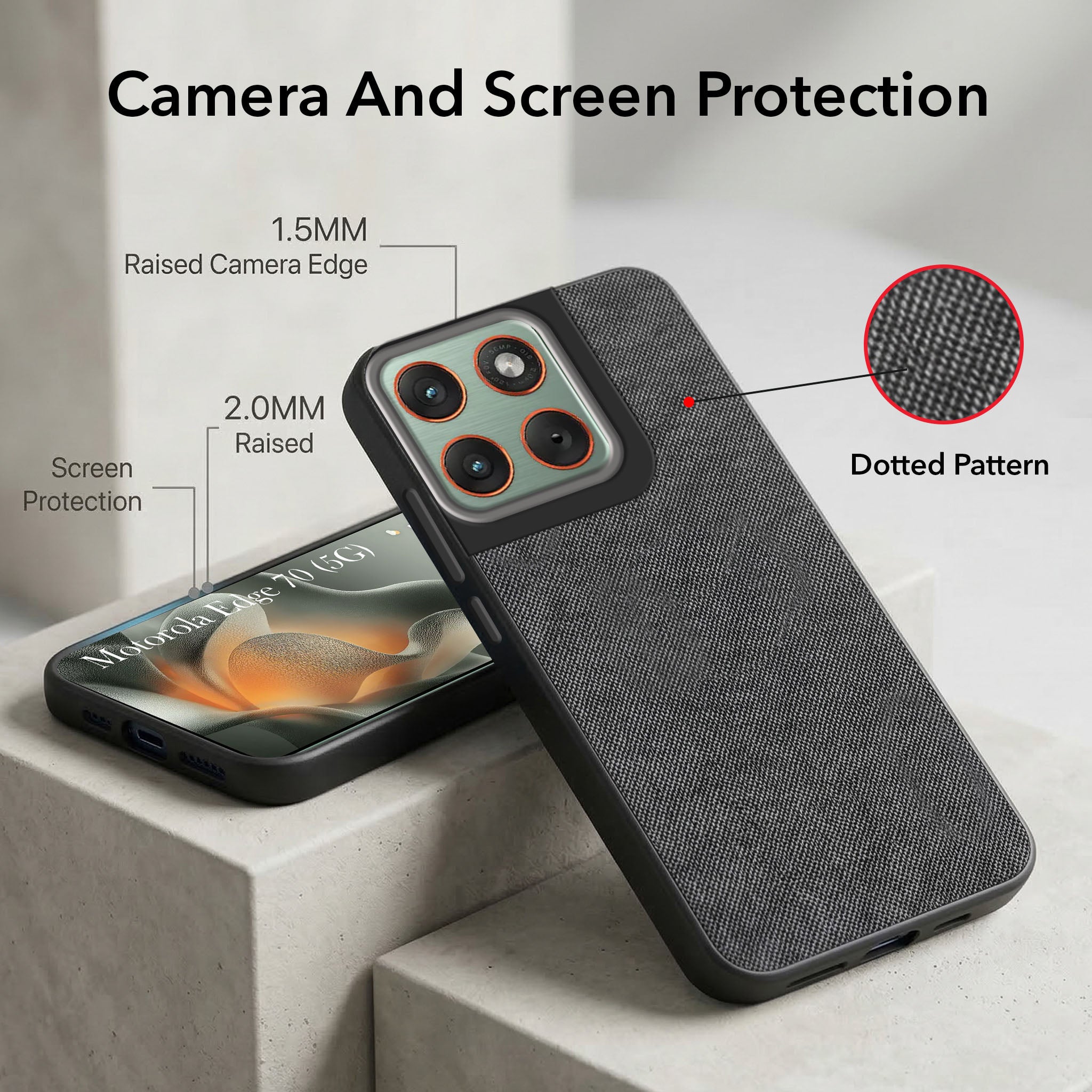 For Motorola Moto Edge 70 Combo with Back Cover and 9H Tempered Glass (Textured Grip Design | Micro-Fiber Cloth Inside | Oleophobic Coating Screen Glass)