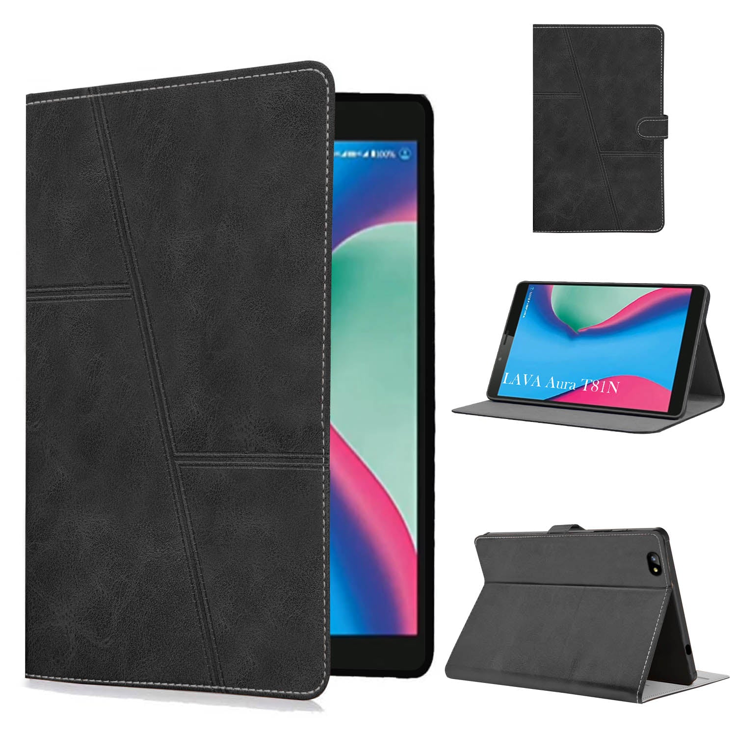 For Flip Cover Folio Case Lava Aura T81N  (UPGOVT) 8 Inch (PU Leather | Multi-Angle Smart Stand | Card Storage Slots | Silicone Back Pouch)