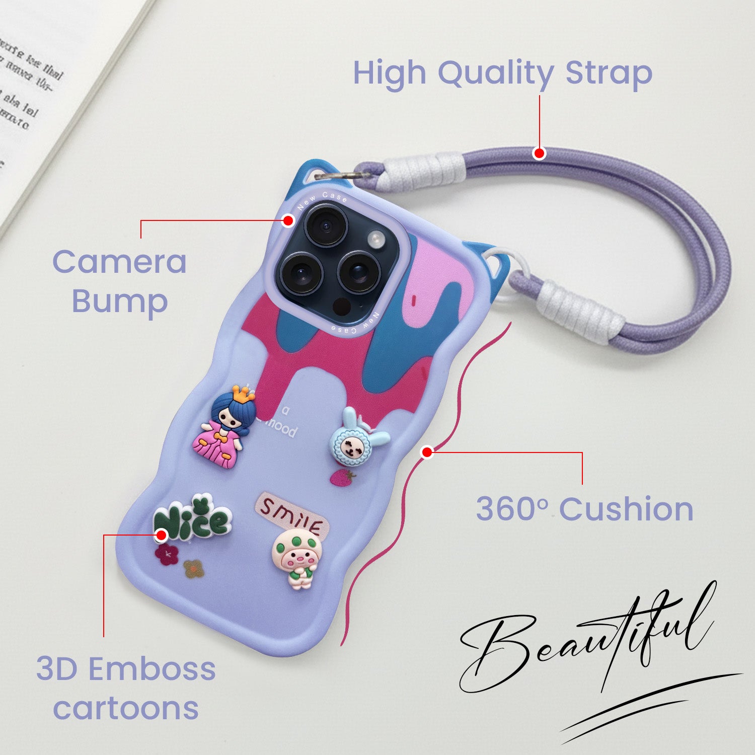For Apple iPhone 15 Pro Back Case Cover Strap(3D Embossed Figures | Strap Holder | 360* Soft Cushion with Camera Bump)